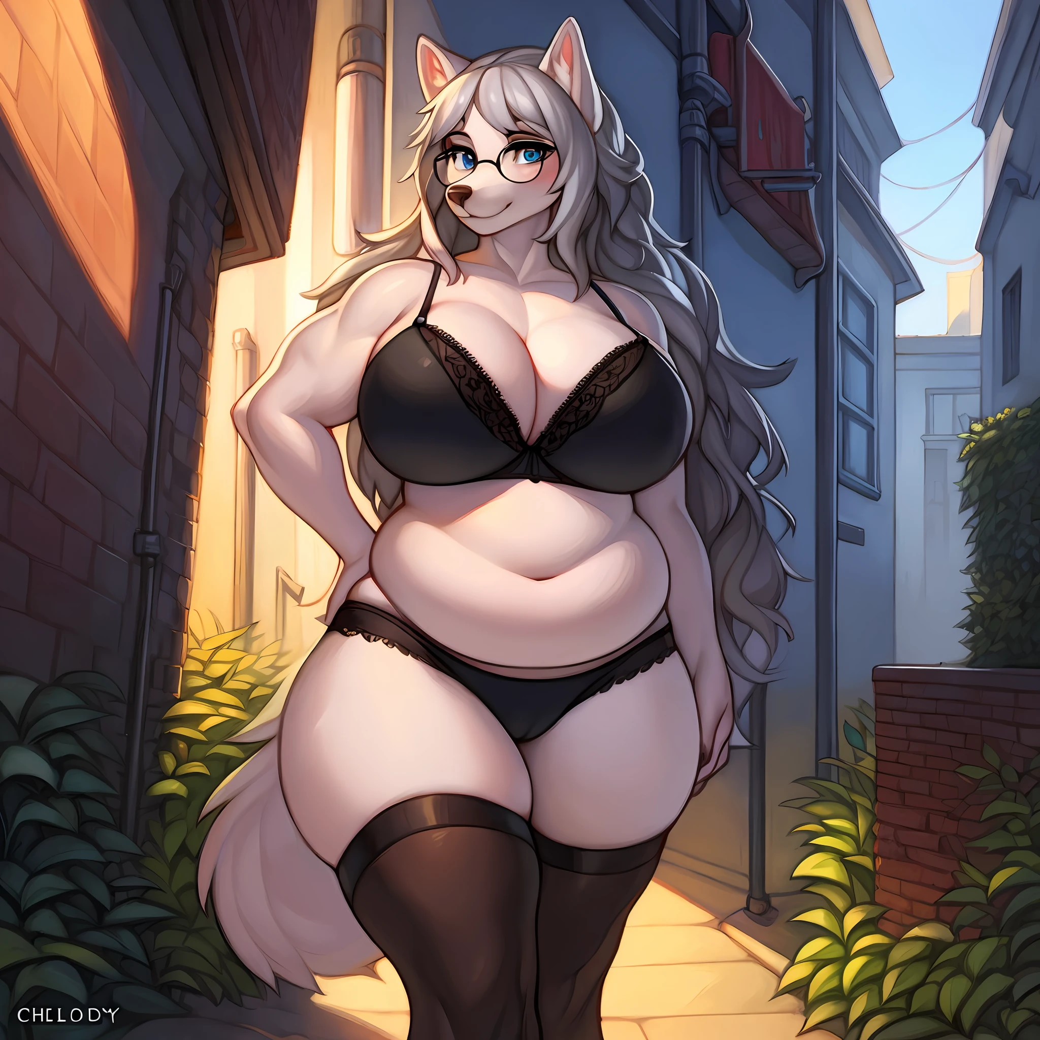 Solo, canine, long snout, snout, female, white fur, white body, grey hair, messy hair, long hair, wavy hair, massive breasts, curvy, voluptuous, overweight, chubby, muscular, blue eyes, detailed eyes, detailed hands, black bra, black leggings, cameltoe, glasses, standing, alleyway, golden hour, plants, by chelodoy