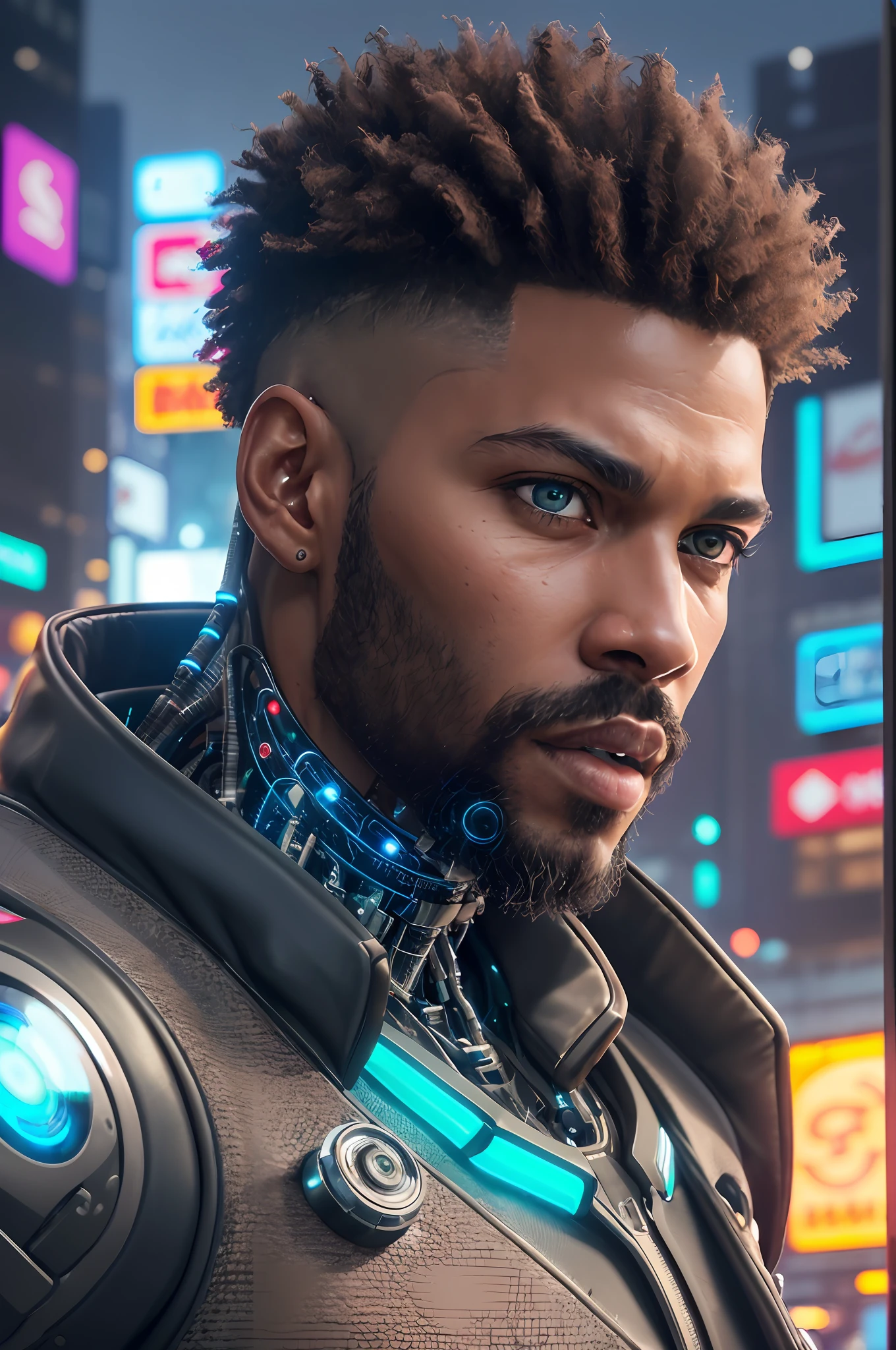 Hyper-realistic portrait of a (black man and cyberpunk bearded), ((male)), (bronze) skin, detailed (an impressive blue human eye and a bright cybernetic eye), robust, adaptable (half human face, half perfectly integrated cybernetic enhancements), (futuristic cityscape illuminated by neon reflecting in the cybernetic eye), with a detailed enigmatic face, full body (modern and functional cyberpunk costume), real,  elegant, realistic, hyper realistic, highly detailed, depth of field, Detailed and Intricate, Photo, HD, Cinematic, Dynamic Lighting, (bokeh), ((beautiful)), lens reflection, (divine rays: 1.1), (cinema effect), gradient color progression, cinematic film grain, (subsurface scattering) ,((detailed face and eyes)), (detailed iris:1.3)