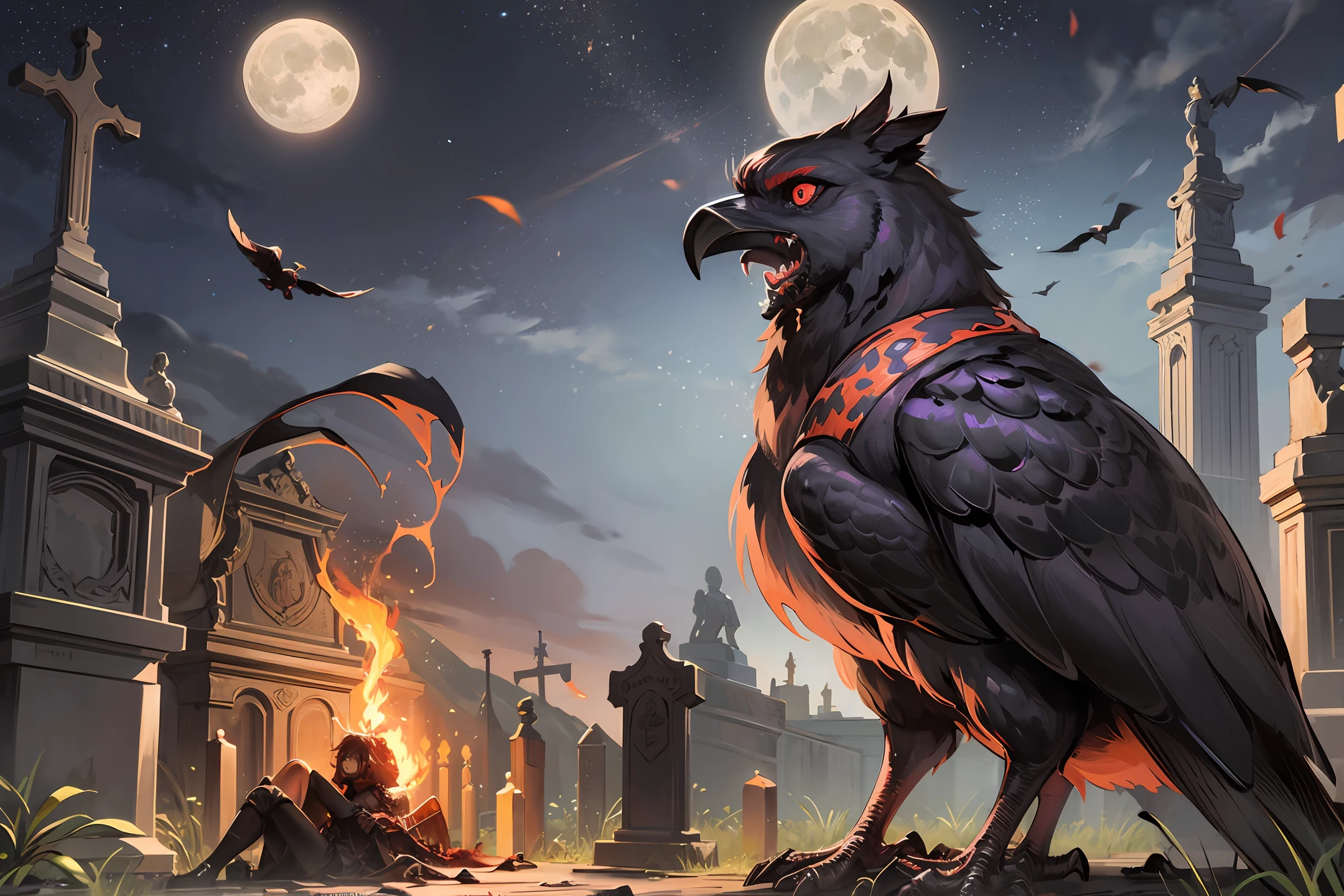 PHOTOREALISM PERFECTLY SYNCHRONIZED IMAGE masterpiece, best quality, extremely detailed digital art of a crow scream of black and shiny feathers, fierce red eyes of molten lava, wounded bruises, intricate details, sitting in dry medieval tomb, cemetery, leaves in the wind, sinister weather of terror, full moon night, gothic, RAW, UHD, 8K, --auto --s2