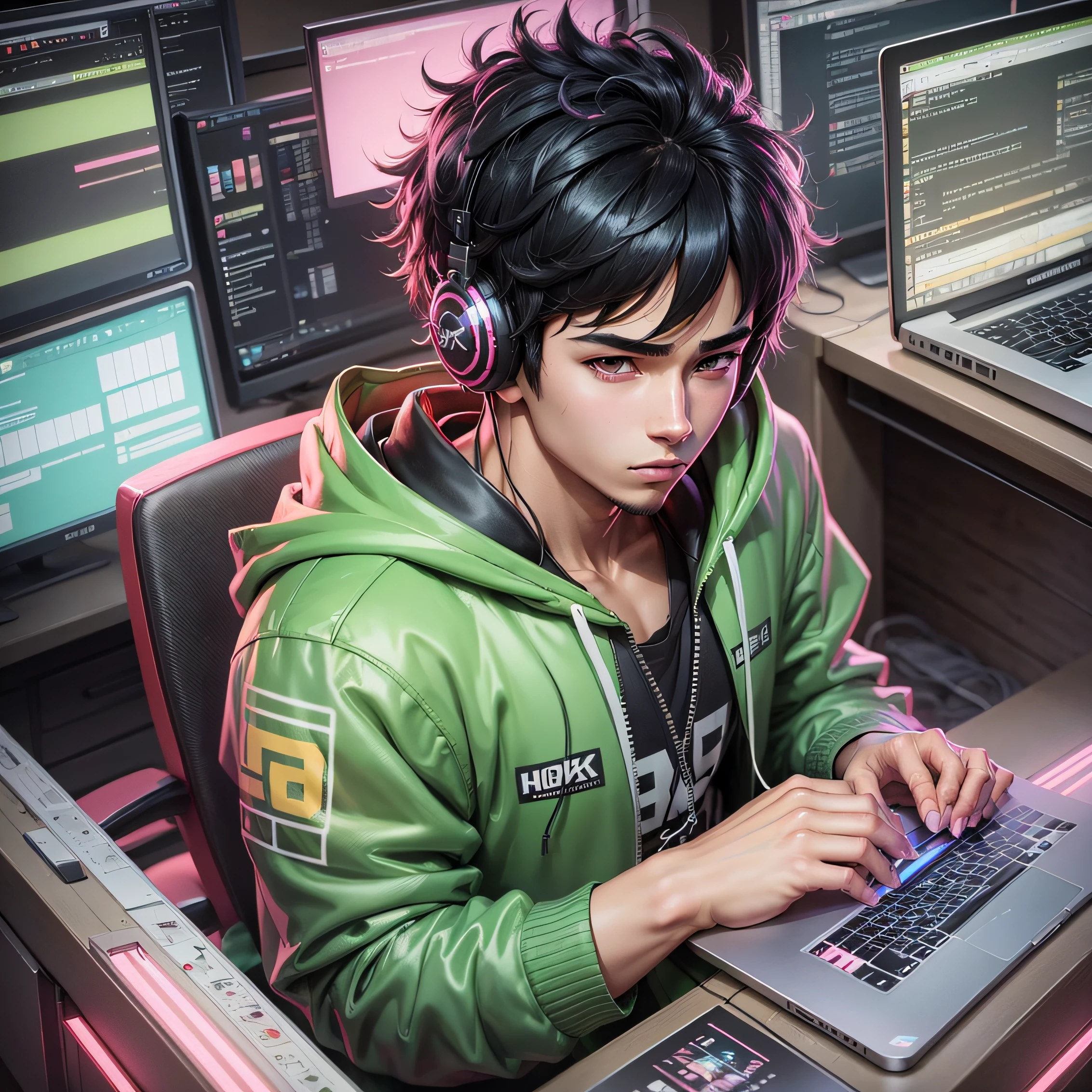 demon Harker condindo and listening to music on neon green headphone, with munitors appearing the code in green, on a large table, with a window in the background, on a rainy day,