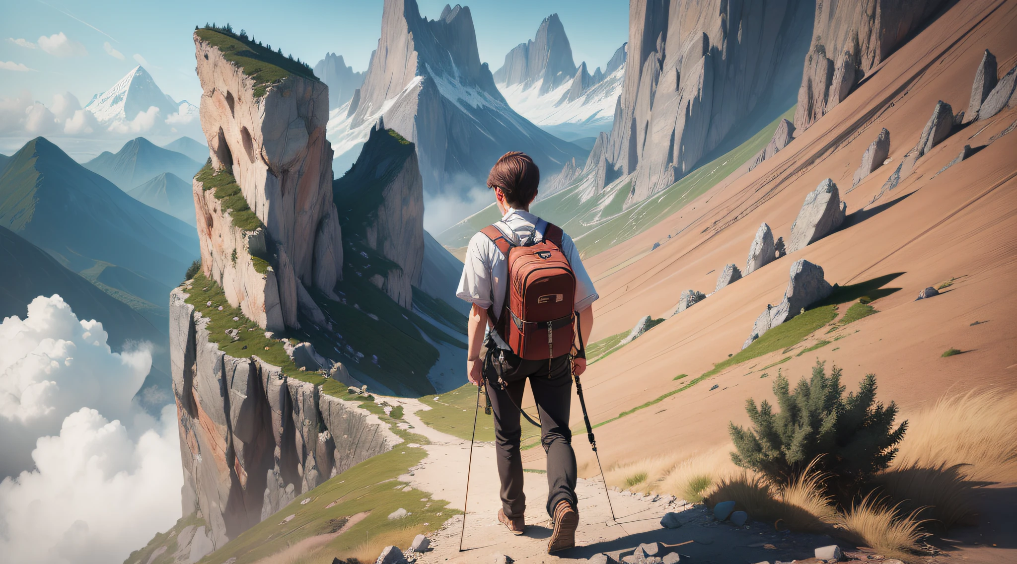 Drawing, ultra realistic, 8k, extremely detailed, in the best quality, man, oriental, short hair, young, back, climbing a large mountain.