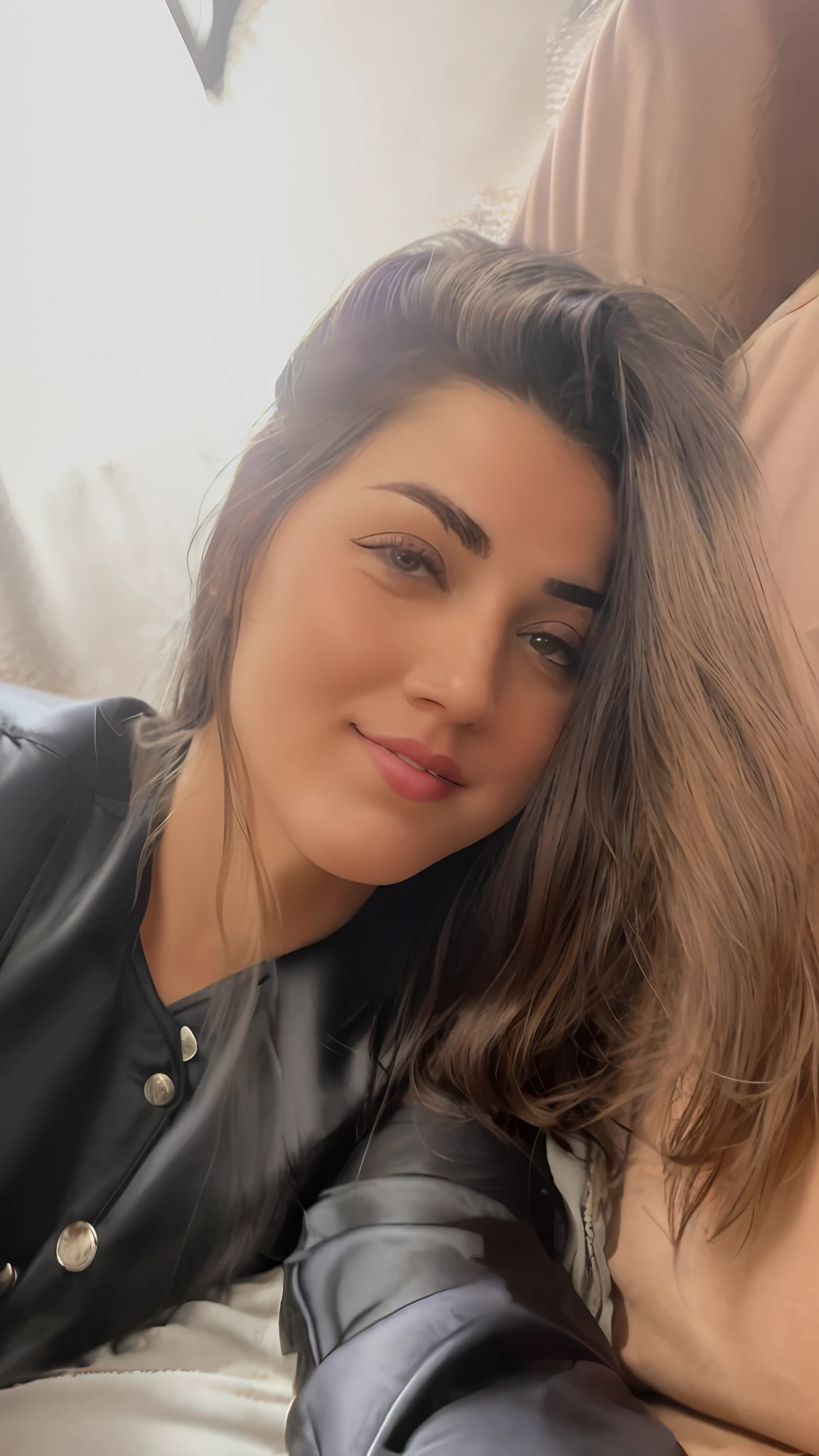 there is a woman laying on a couch with a cell phone, profile image, profile picture, violet myers, headshot profile picture, alanis guillen, very very low quality picture, profile pic, selfie of a young woman, lorena avarez, taken in the early 2020s, young woman with long dark hair, photo of young woman