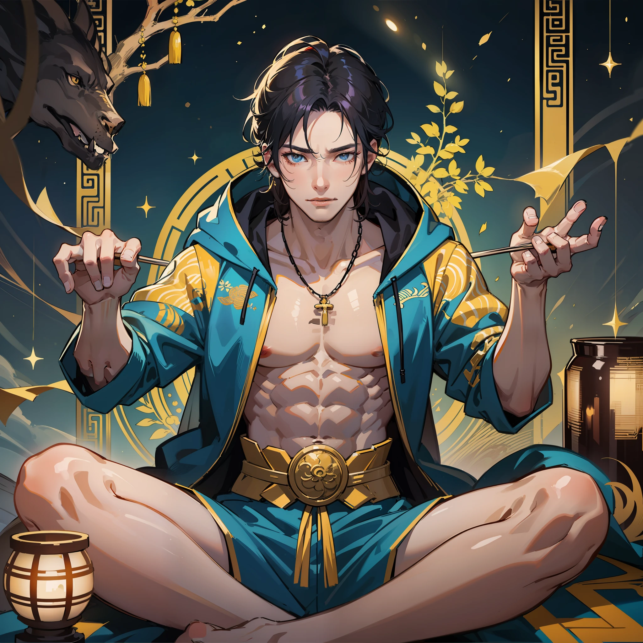 muscular boy, masculine face, wild, masculine, valiant, handsome, rugged, hoodie, modern chinese traditional costume, fusion of ancient Chinese and modern, king of rappers, pectoral muscles, abs, cool atmosphere, sitting, solid posture, fashionista, stylish, colorful, individual, luxurious, Cantonese, singing, dancing, sky with stars shining like dreams, Book of quiet nights, starry sky blooming brightly, border between whispering dreams and confusion, Cantonese pride, yellow and blue clothes
