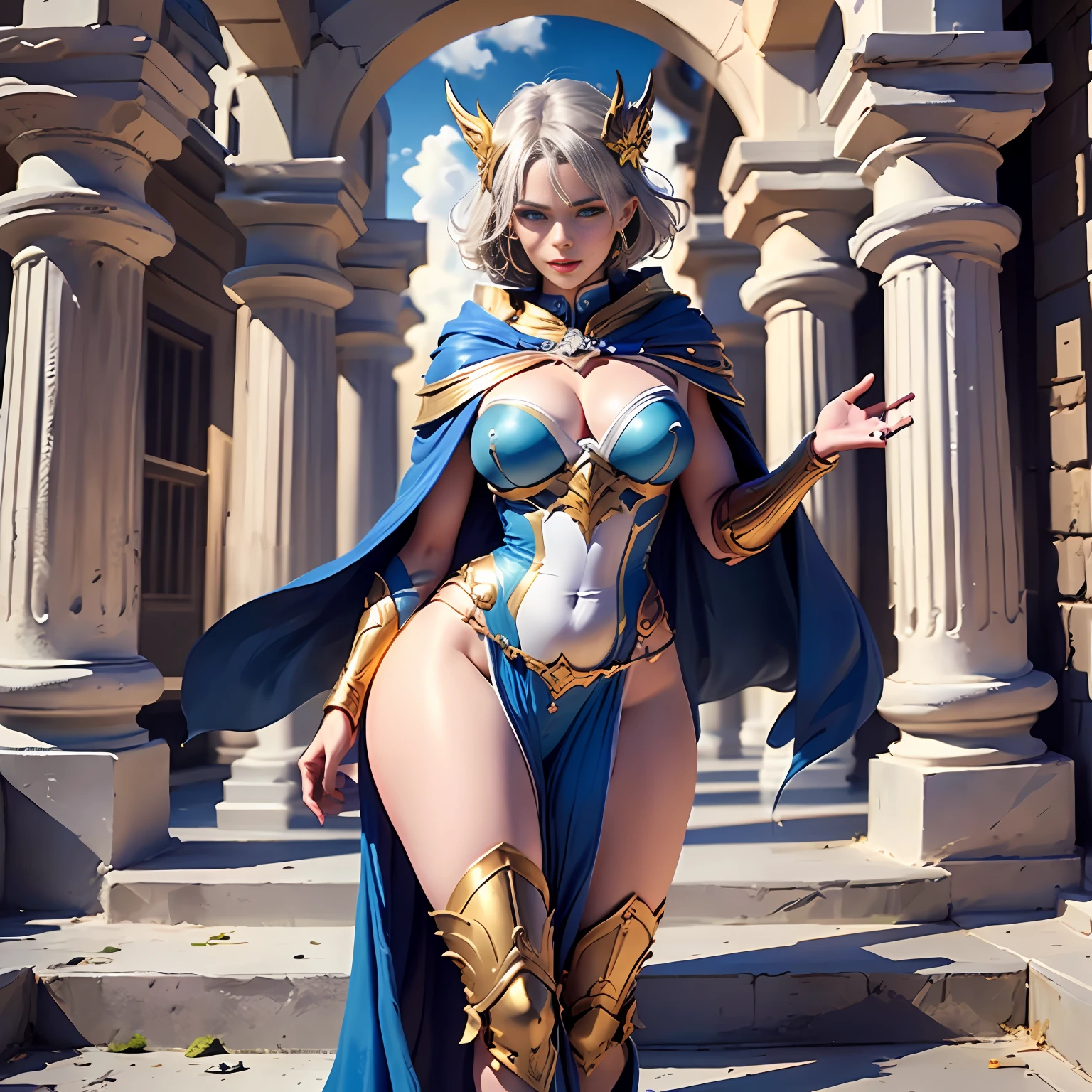 masterpiece,best quality,illustration,official art,unity 8k wallpaper,hyperrealism,ultra detailed,dynamic angle,(Golden armor:1.2),helmet,leoarmor,(floor-length cloak:1.6),1girl,solo,(full body:1.4),(Black fun underwear:1.1),(exposed thighs:1.2),(Overlooking the viewer:1.1),(Upper body:1),(Slender thighs:1.5),Model figure,(narrow waist:1.3),wide hips,Sexy figure,(Blue eyes:1.3),thick hair,(short hair:1.2),prehensile_hair,(brawn hair:1.3),(C cup:1),(greece:1.1),(Greek stone pillar:1.2),outdoors,An exaggerated pose,Contrast composition,confident expression,confident posture,walking