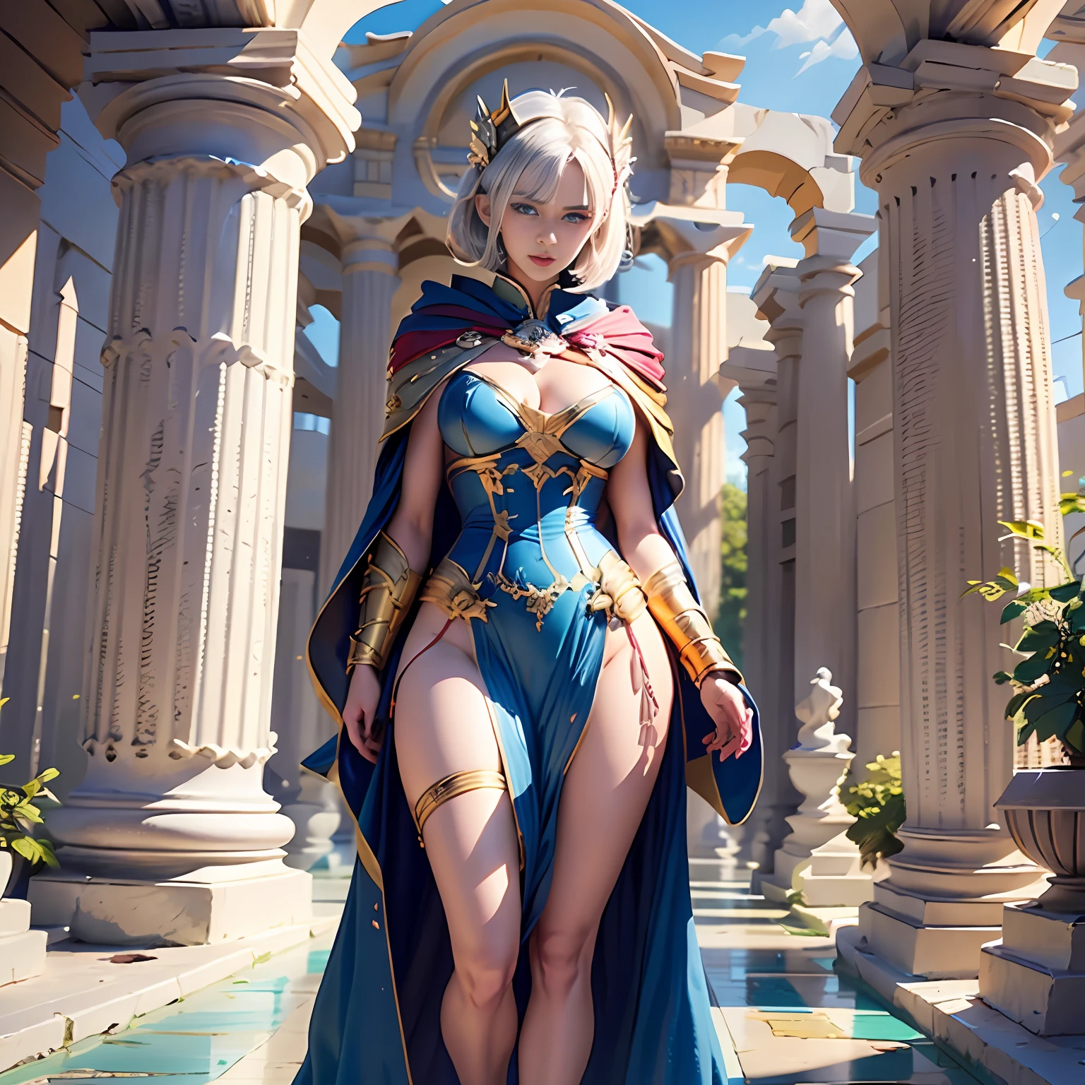 masterpiece,best quality,illustration,official art,unity 8k wallpaper,hyperrealism,ultra detailed,dynamic angle,(Golden armor:1.2),helmet,leoarmor,(floor-length cloak:1.6),1girl,solo,(full body:1.4),(Black fun underwear:1.1),(exposed thighs:1.2),(Overlooking the viewer:1.1),(Upper body:1),(Slender thighs:1.5),Model figure,(narrow waist:1.3),wide hips,Sexy figure,(Blue eyes:1.3),thick hair,(short hair:1.2),prehensile_hair,(brawn hair:1.3),(C cup:1),(greece:1.1),(Greek stone pillar:1.2),outdoors,An exaggerated pose,Contrast composition,confident expression,confident posture,walking