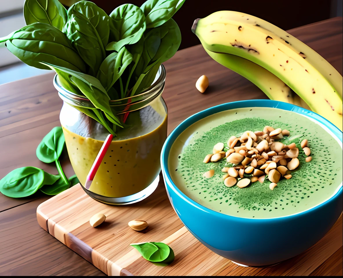 banana smoothie with spinach, with honey and peanut butter in a bowl with red straw on a wooden table with chia grains decorating and spinach leaves and ripe bananas on the side