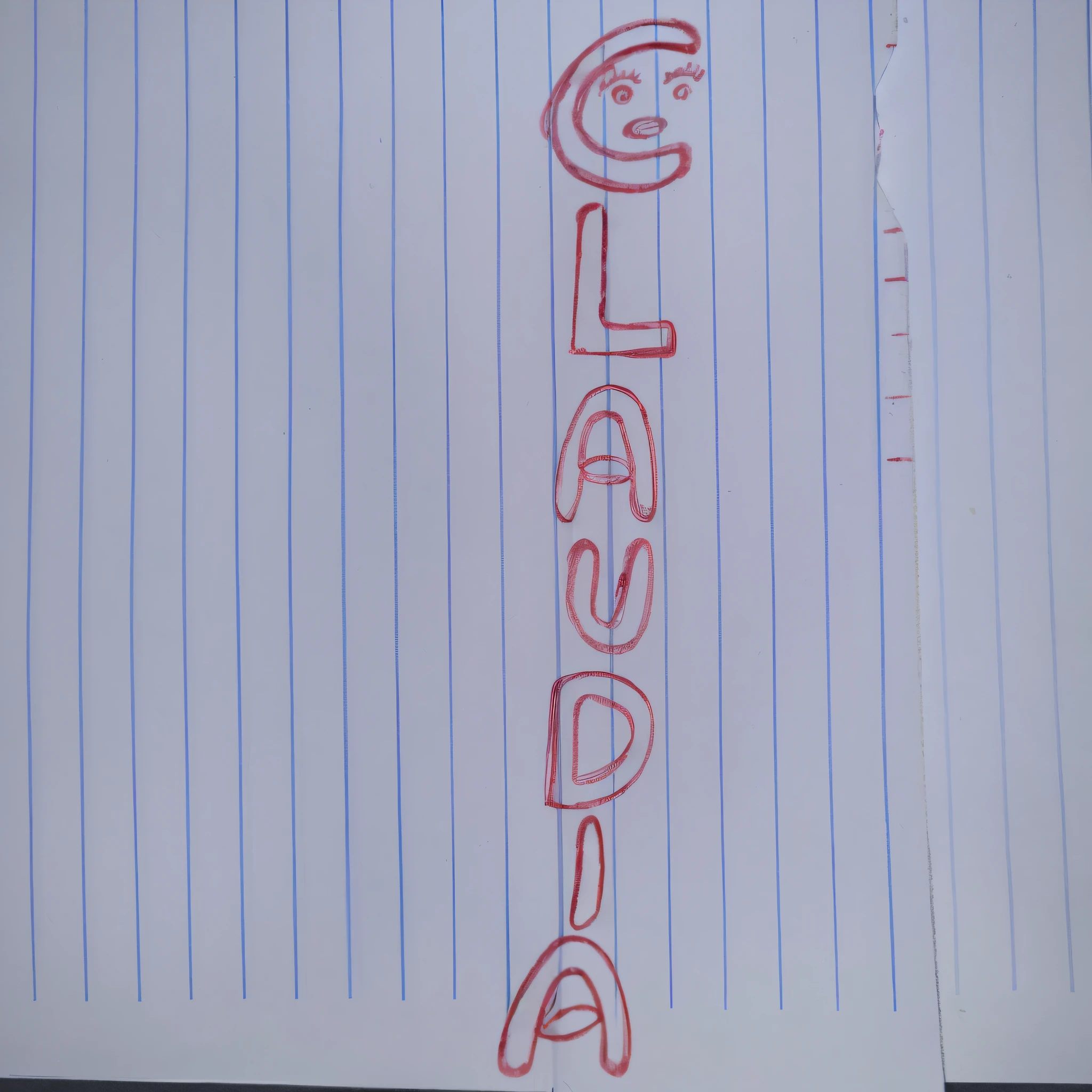 a closeup of a piece of paper with a red marker on it, found scrawled in a notebook, on a notebook page, poorly drawn, character's name is CLAUDIA, text on paper, calligraphy title on the left, crayons on paper, classroom doodles, Craola-inspired, crude crayon scribbles, found written in a notebook
