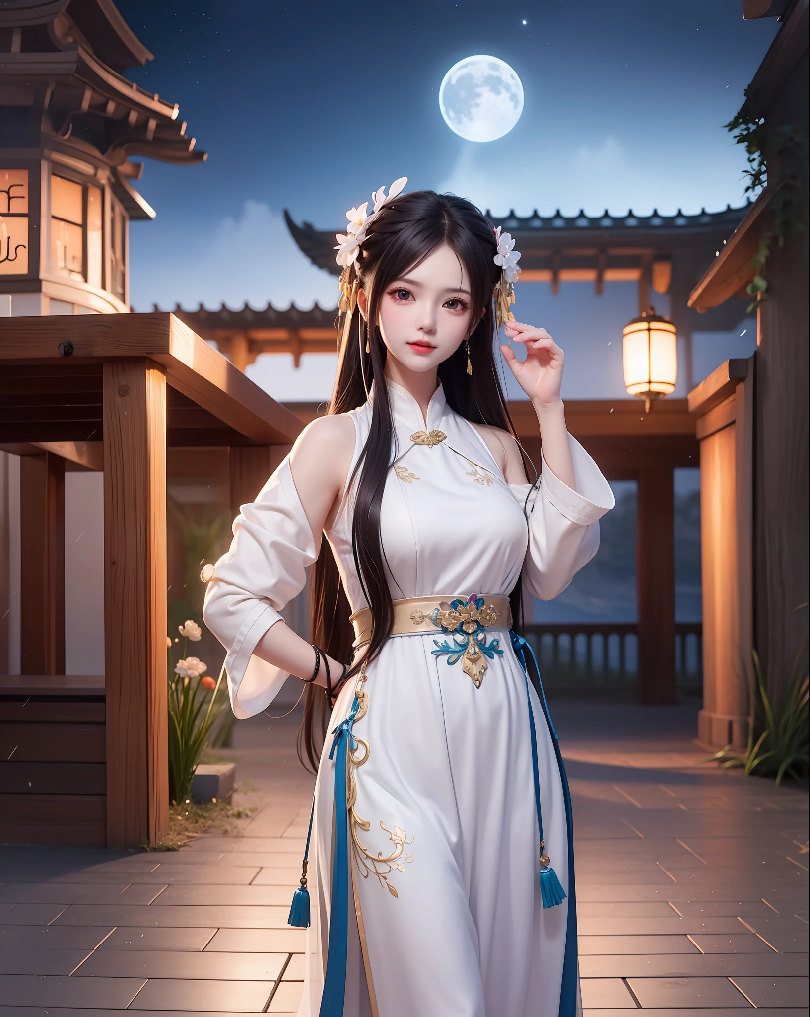 (8k, RAW photo:1.2), best quality, ultra high res,dramatic angle,(fluttered detailed color splashs), (illustration),(((1 girl))),(long hair),(rain:0.9), (头饰:1.4),少女身边有一座古宫,汉服,(重点),彩色水墨画,(泼彩),泼彩,(((colorful))),(素描:0.8) , Masterpiece, best quality, beautiful painted, highly detailed,(denoising:0.6),[splash ink],((ink refraction)), (beautiful detailed sky),moon,highly,detaild,(masterpiece, best quality, extremely detailed） CG unity 8k壁纸，杰作，最好的质量，超详细），（石蒜），