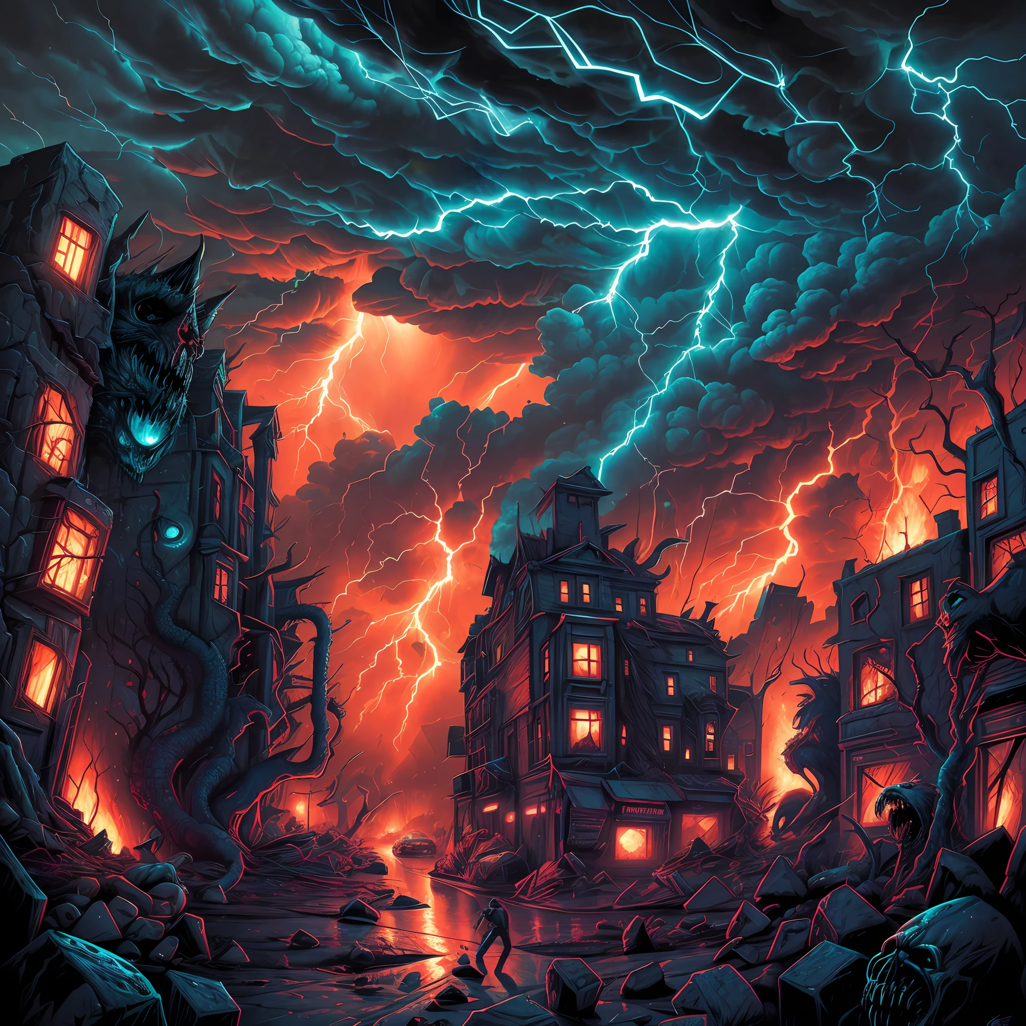 cataclysmic storming made with horror creatures, devastating a city. Horror art, unreal engine, UHD, sketch color drawing. Illustration by Dan Seagrave