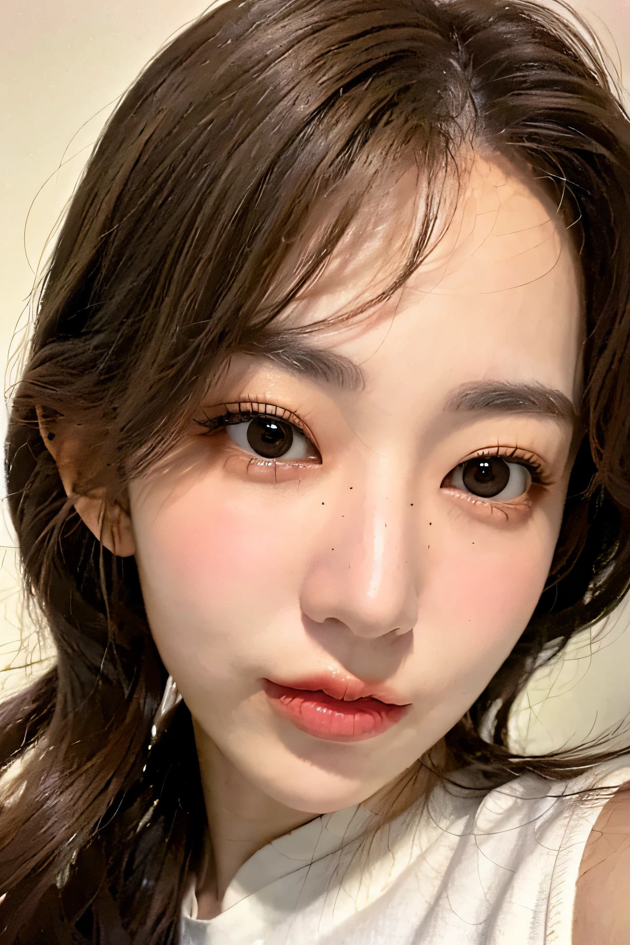 Realistic, a woman's selfie, Lob (long bob) model, popular korean makeup, beautiful and delicate face, beautiful face of women, beautiful young korean woman, wan cute korean face, close-up perfect face, cute and delicate face, cute and delicate false eyelashes, Instagram