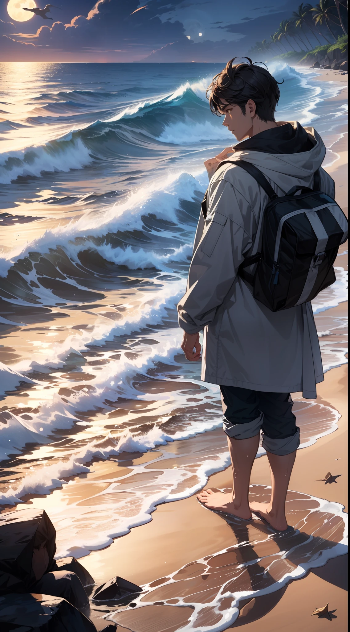 (1man), solo,{{{masterpiece}}}, {{{best quality}}}, {{ultra-detailed}}, {illustration}, cinematic angle, {detailed light},cinematic lighting, handsome man, (((full moon))). An alluring man with chiseled features, standing on a moonlit beach, silver waves crashing against the shore, seashells and wet sand beneath his feet, a sense of serenity and solitude in the cool night air,