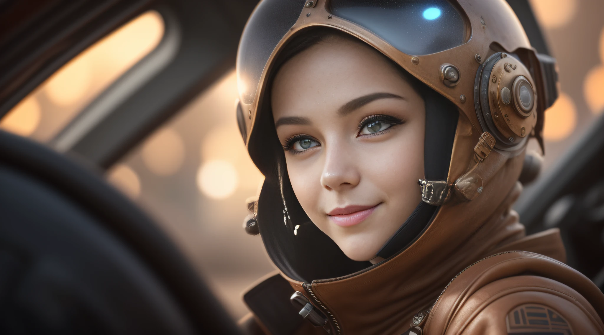 backlight red, Star wars pod, Stunning steampunk pod pilot girl, looking at camera, facing camera, beautiful smile with closed lips, in complex hyper-detailed cockpit, dust desert punk, extreme close-up, real and well-worn-looking clothes, mate leather, used leather clothing, lots of metal, copper and bronze, tight space, cinematic lighting, depth-of-field, hyper detailed, best quality, ultra high res, photorealistic, high resolution, detailed, raw photo, golden hour, lens flare, bloom, epic atmosphere, warm light, bokeh, high contrast, hdr, chromatic aberration, finely detailed eyes and detailed face, extremedetailed CG unit, 8k, intricate details, masterpiece, raw photo, National Geographic