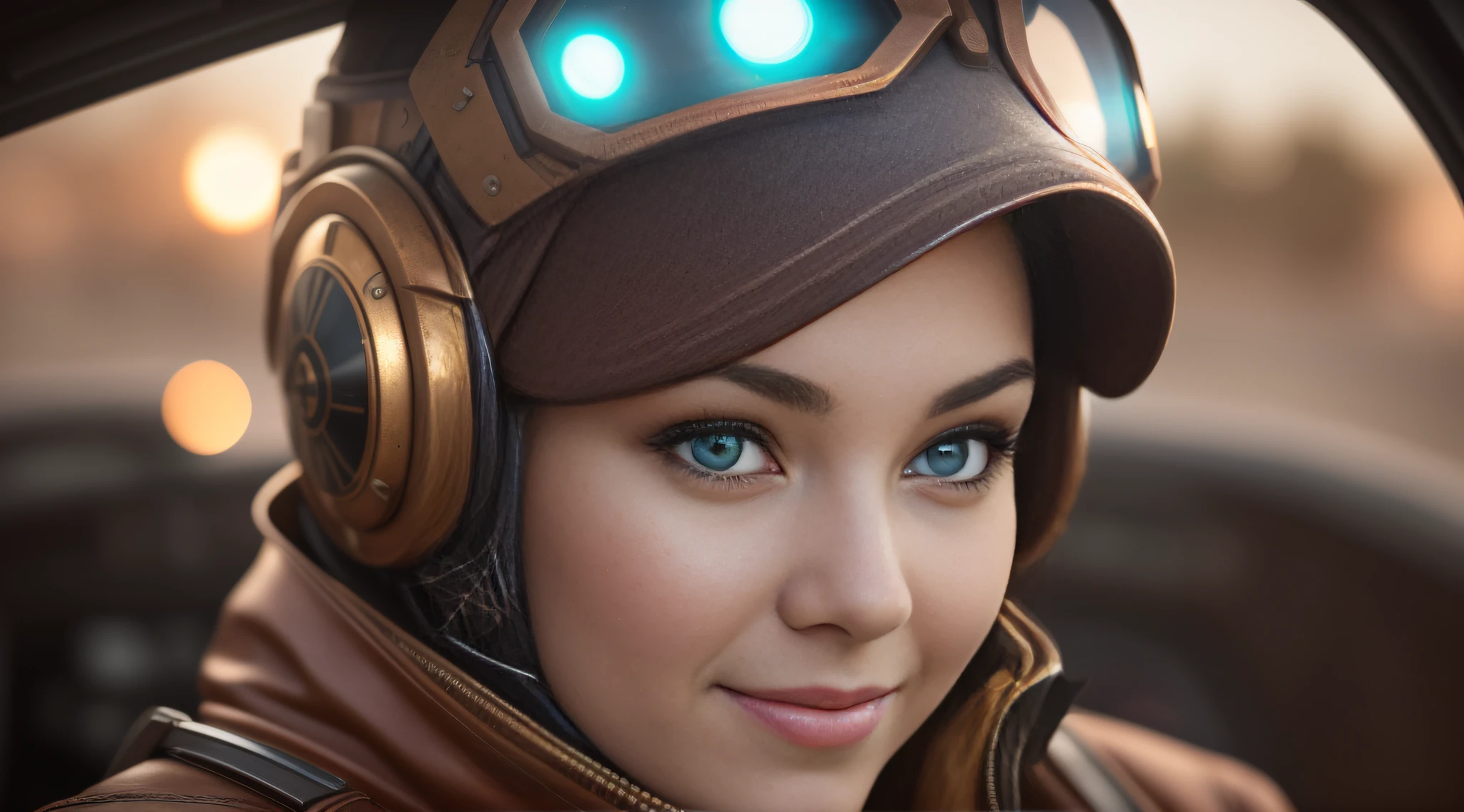 backlight red, Star wars pod, Stunning steampunk pod pilot girl, looking at camera, facing camera, beautiful smile with closed lips, in complex hyper-detailed cockpit, dust desert punk, extreme close-up, real and well-worn-looking clothes, mate leather, used leather clothing, lots of metal, copper and bronze, tight space, cinematic lighting, depth-of-field, hyper detailed, best quality, ultra high res, photorealistic, high resolution, detailed, raw photo, golden hour, lens flare, bloom, epic atmosphere, warm light, bokeh, high contrast, hdr, chromatic aberration, finely detailed eyes and detailed face, extremedetailed CG unit, 8k, intricate details, masterpiece, raw photo, National Geographic
