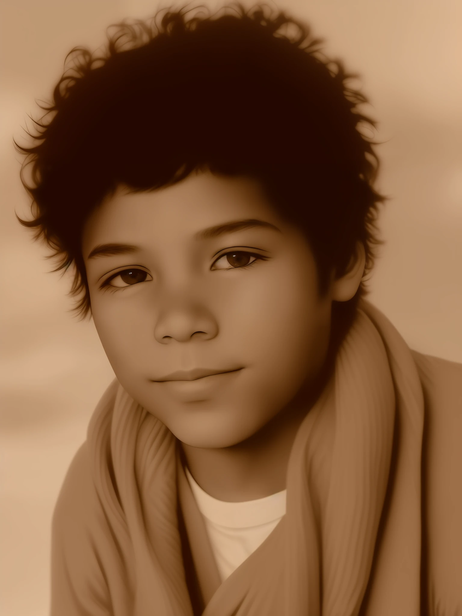Black and white photo of a boy with a scarf, taken in the late 2010s with about 1 0 years, generate images of this boy now in the year 2023 with 23 years and short cropped hair (in color)