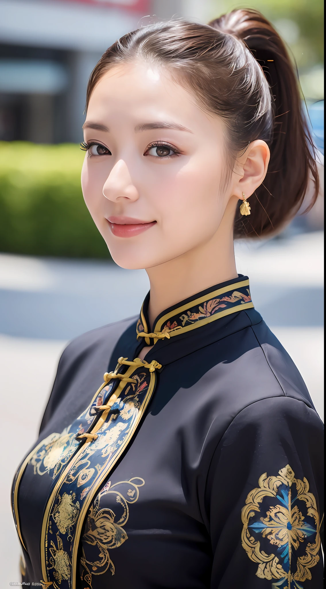 A woman in a black and gold dress posing for a picture - SeaArt AI