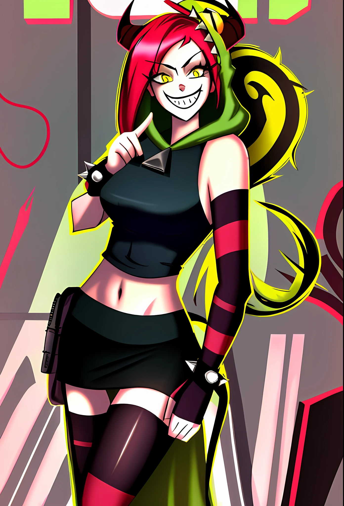 solo, 1girl, demencia, evil grin, looking at viewer, hands raised, yellow eyes, striped, cut out dress, sleeveless, dress, stomach, horns, thighhighs, fingerless gloves, jewelry, bracelet, spikes, wearing a dress, (((midriff exposed)))