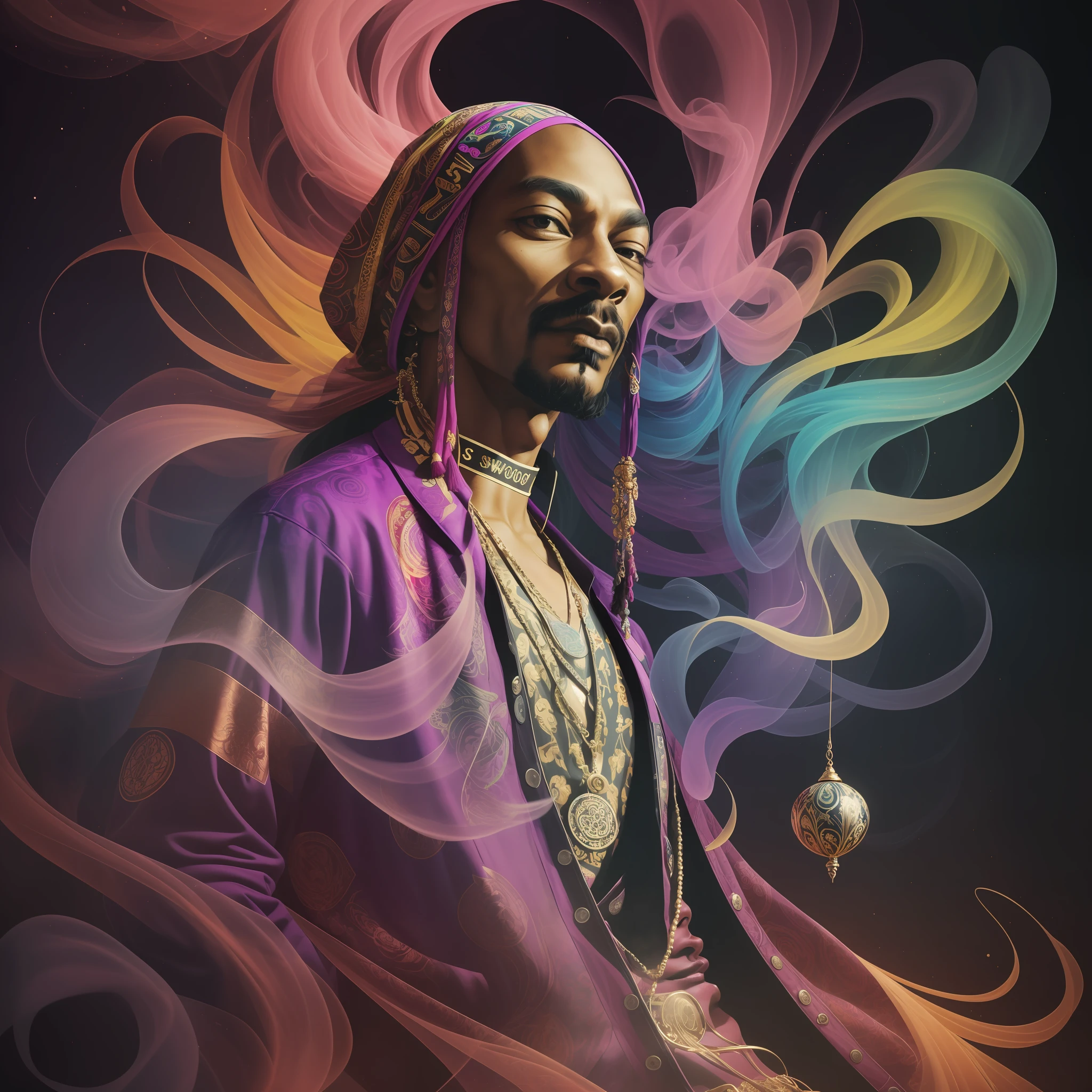In the depths of the image emerges the iconic Snoop Dog, immersed in a haze of smoke as he indulges in the finest herbs. His presence defies convention, emanating an aura that captivates and intrigues. Adorned with an extraordinary and vibrant ensemble, Snoop Dog's attire embodies a fusion of artistic expression and cultural significance. As the eye explores the scene, intricate patterns and vibrant colors intertwine, creating a mesmerizing backdrop of artistic weeds. Each stroke of detail breathes life into the image, transcending boundaries and transporting viewers into a realm where creativity knows no limits. The swirling smoke and vibrant hues blend harmoniously, giving birth to a captivating and immersive experience. Prepare to be captivated by the lifelike representation of Snoop Dog, as he stands in all his glory, exuding an energy that pulses through the image itself. The interplay of incredible colors and meticulous attention to detail bring this hyper-realistic portrayal to life, inviting you to embrace the world of artistic expression and celebrate the unique presence of Snoop Dog. Step into a realm where creativity and individuality reign supreme, as Snoop Dog's legendary persona merges with the incredible artistic weeds that surround him. Lose yourself in the vibrant atmosphere, where art and cannabis converge, and witness the undeniable allure of this extraordinary scene.hyper realistic.32k --auto --s2