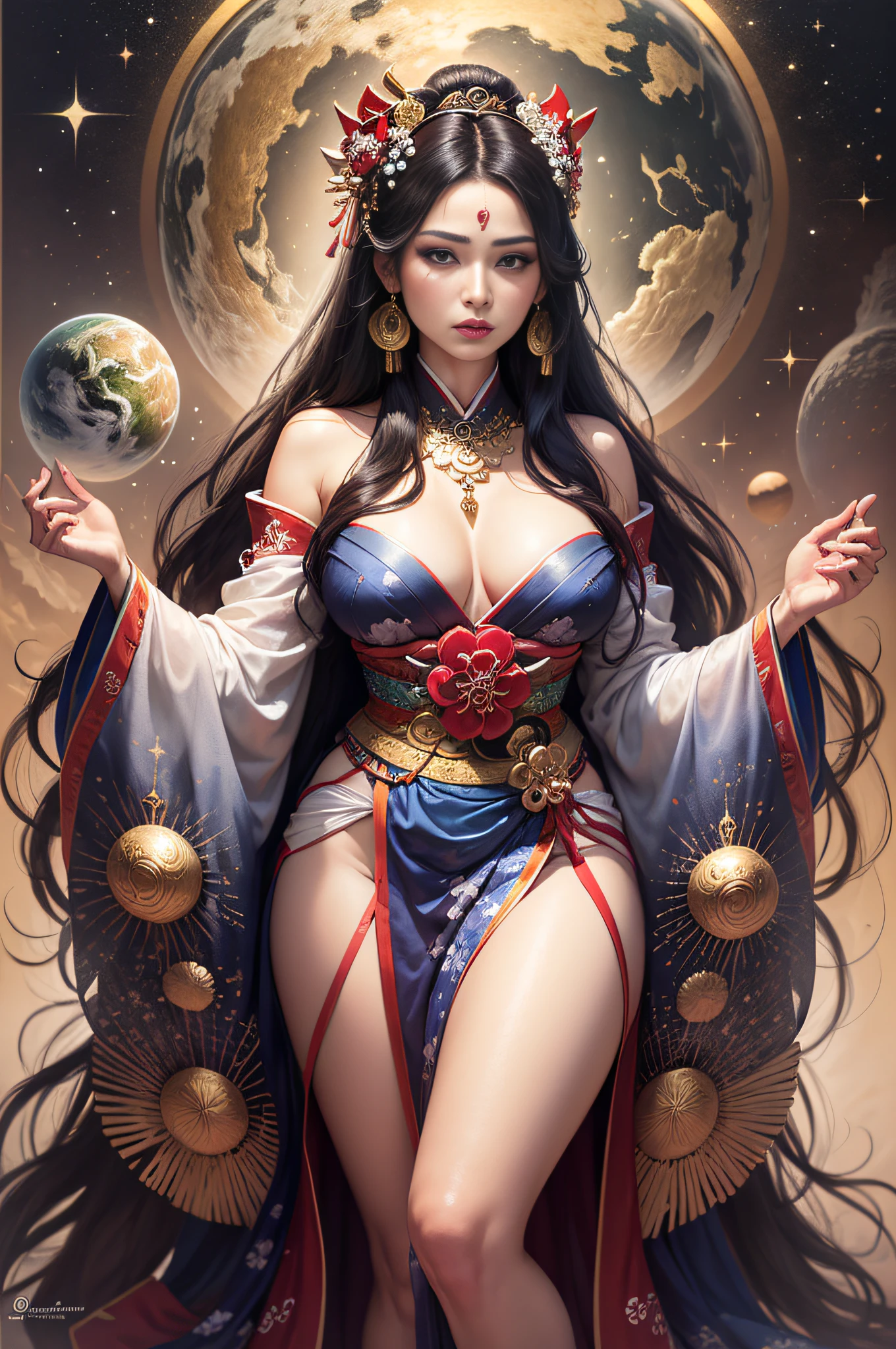 ((ultra-realist, fottorealist, surrealist 16k)) "Masterpiece, the majestic geisha queen of time (full body), majestic goddess, mother of the Earth, goddess of the universe, with flowing hair, bright fleshy lips, full breasts, dressed in a short kimono, ornamented with radiant stars, holds between her arms the planet Earth like a begbek, looking at it tenderly with pious gaze (details, intricate varied poses)."