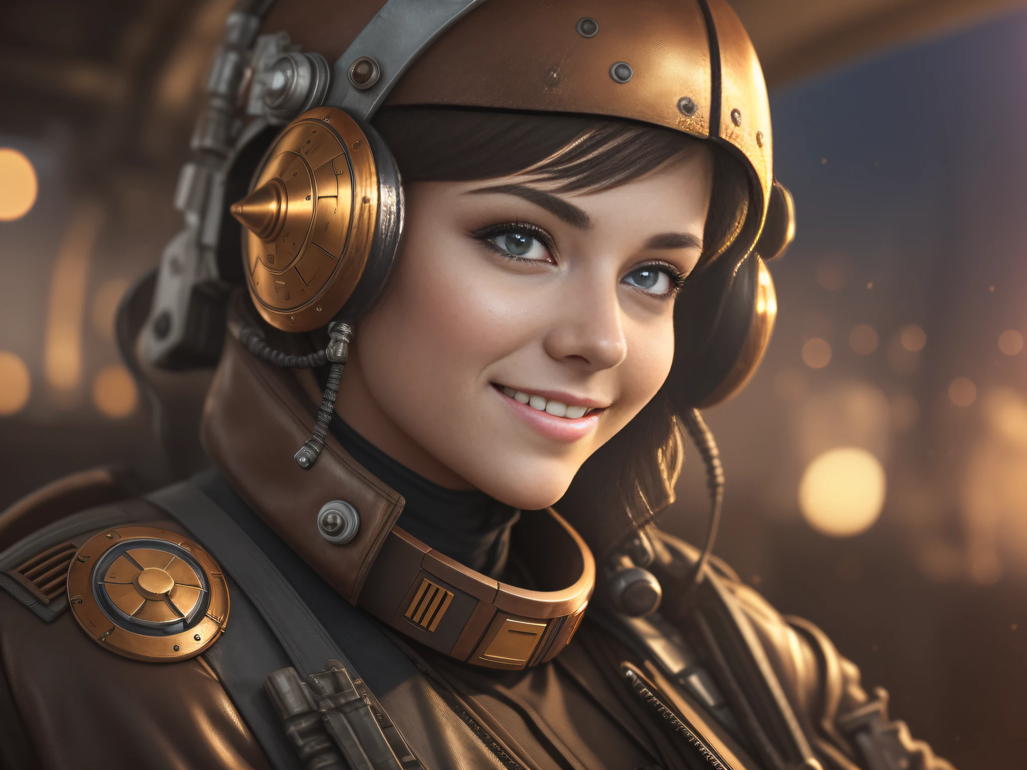 Star wars pod, Stunning steampunk pod pilot girl, looking at camera, facing camera, beautiful smile with closed lips, in ingenious and complex hyper-detailed cockpit, close-up, real and well-worn-looking clothes, leather, lots of metal, copper and bronze, tight space, cinematic lighting, depth-of-field, hyper detailed, best quality, ultra high res, photorealistic, high resolution, detailed, raw photo, golden hour, lens flare, bloom, epic atmosphere, warm light, bokeh, (backlighting:0.75), orange light, (fill light:0.9), chromatic aberration, finely detailed eyes and detailed face, extremely detailed CG unit 8k wallpaper, intricate details, leather vest with gears, techwear, jetpack, workshop in the background,