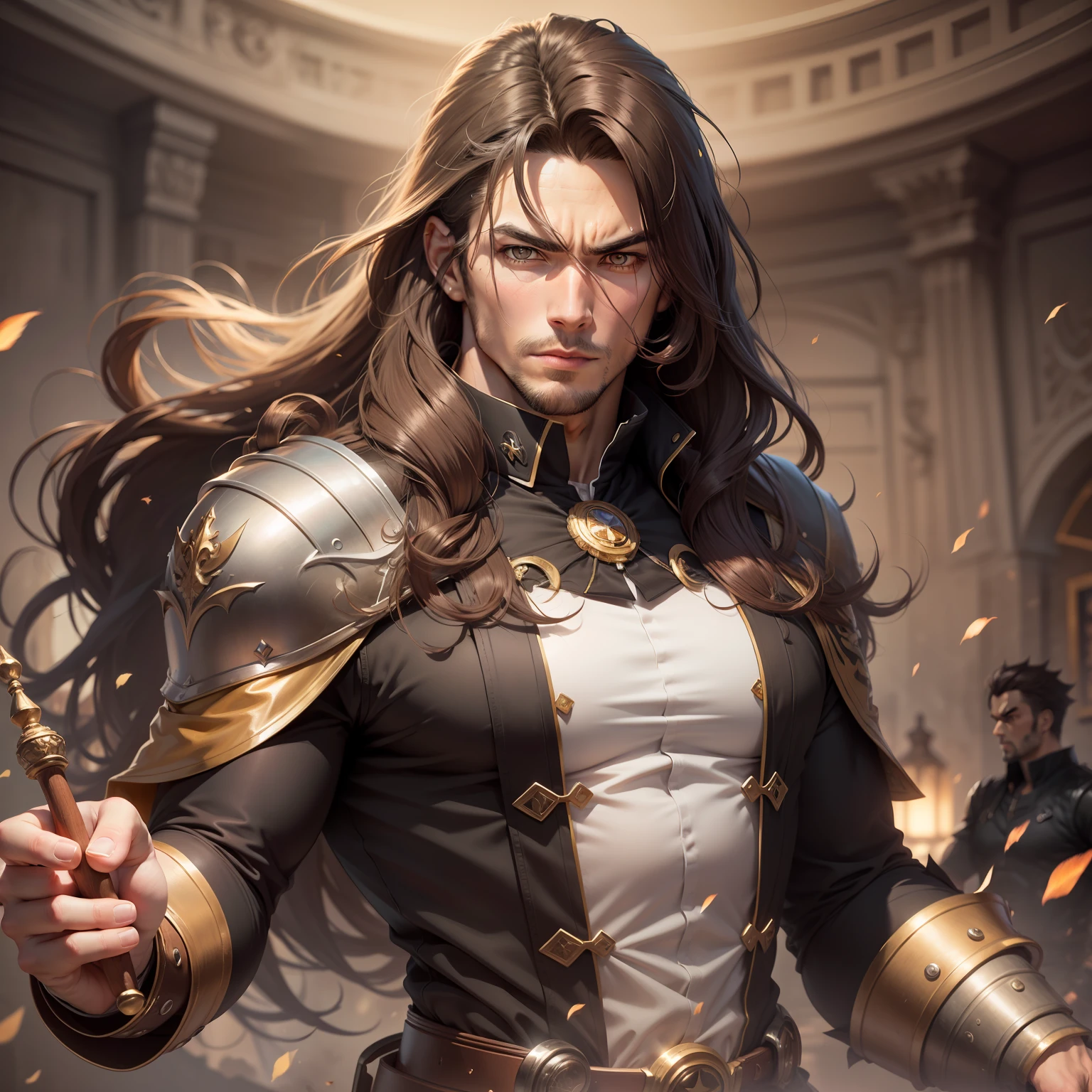 Realistic image of a handsome, strong man, long brown hair, brown eyes, dressed in black alchemist style costumes with a black blouse underneath, anime character style art, fighter posture, surprised with wide eyes.
