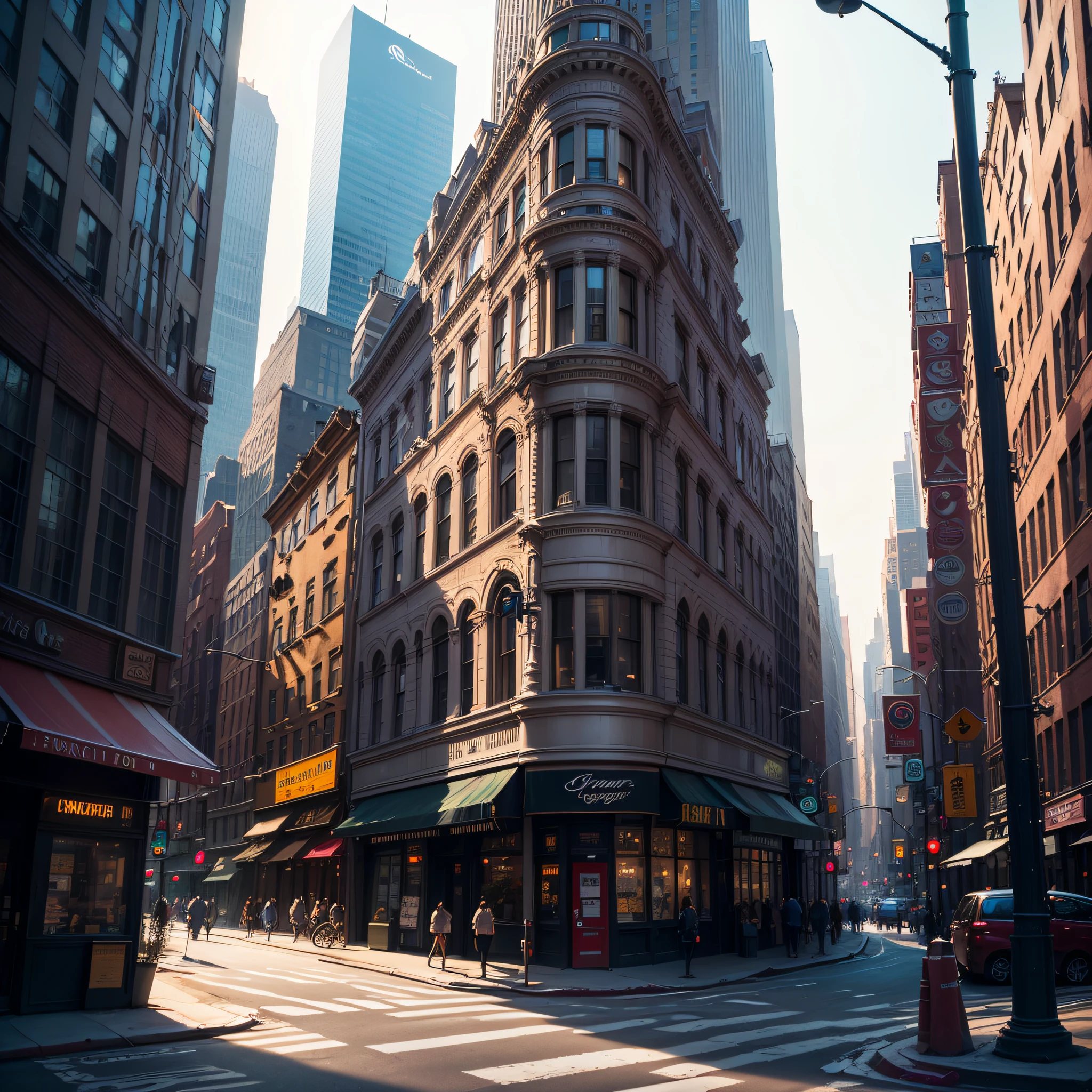 A busting street corner in New York, Atmosphere, Spectacular details, Vibrant colors, Dramatic lighing, Epic scene colors --auto