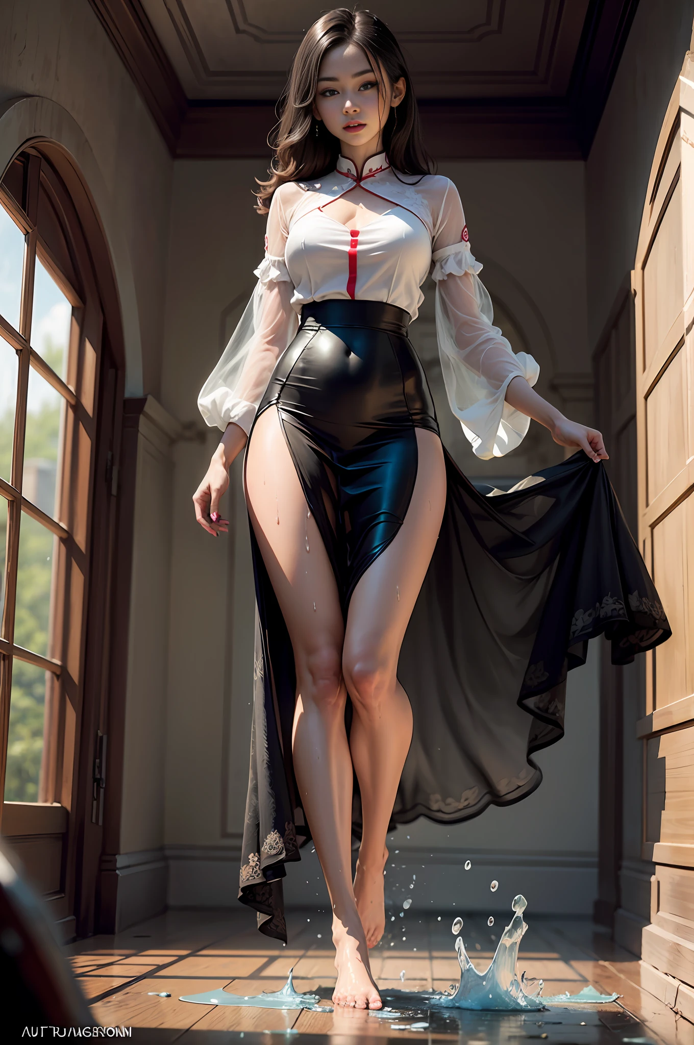 1girl, solo, brunette hair, ,(blood volume: 1),, whole body,, (realism: 1.4), official art, unreal 8k wallpaper, super detailed, beautiful aesthetics, masterpiece, best quality, (dynamic angle: 1.4), , elegant, bright colors, romanticism, sexy, transparent, see-through, chinese hanfu, bare breast, (transparent skirt), barefoot, (wet), (see-through), (liquid flowing down the thighs) --auto