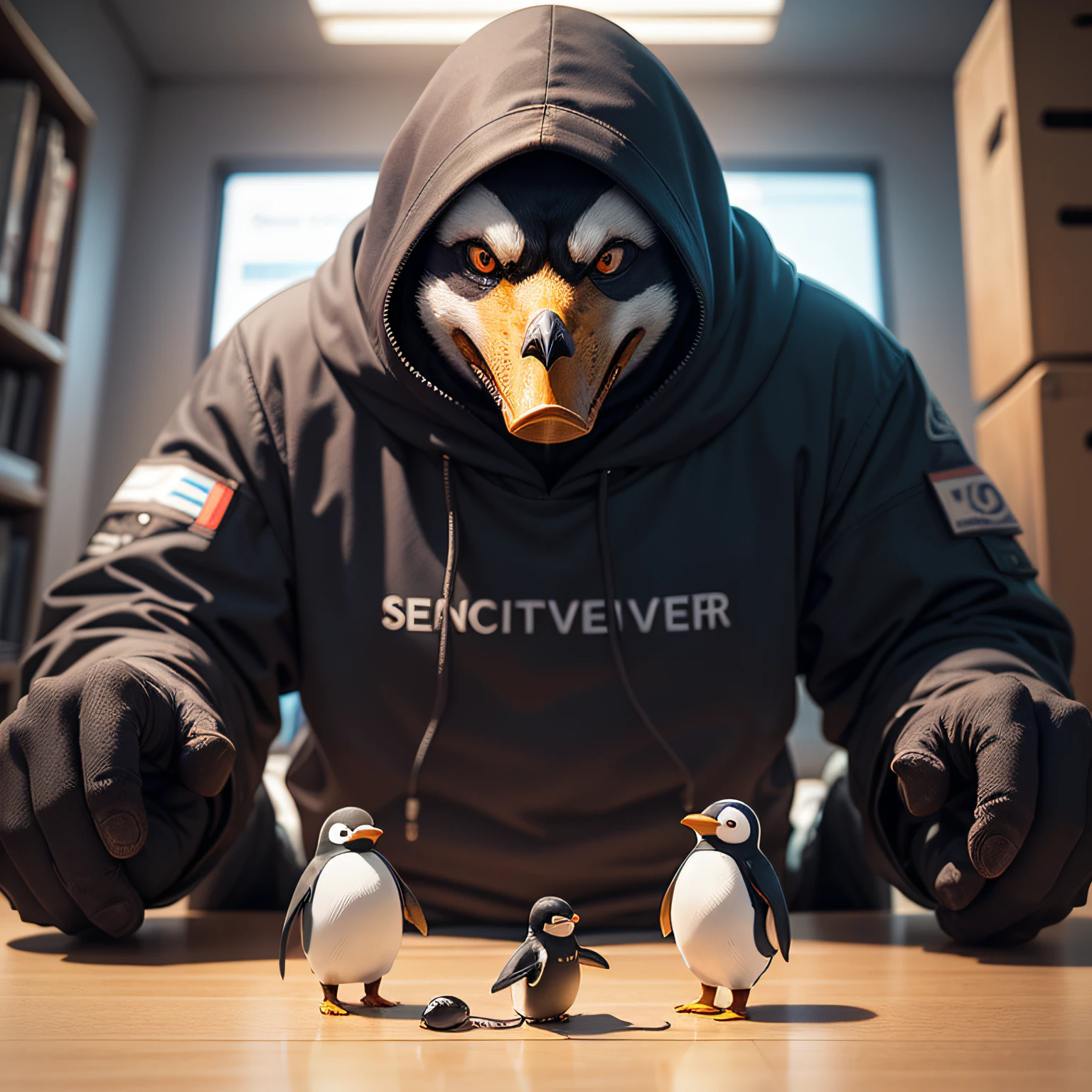 Develop an impactful book cover that shows an evil penguin, protecting a Linux server with your life, with a technological security outfit. The image must combine elements related to digital security. --auto