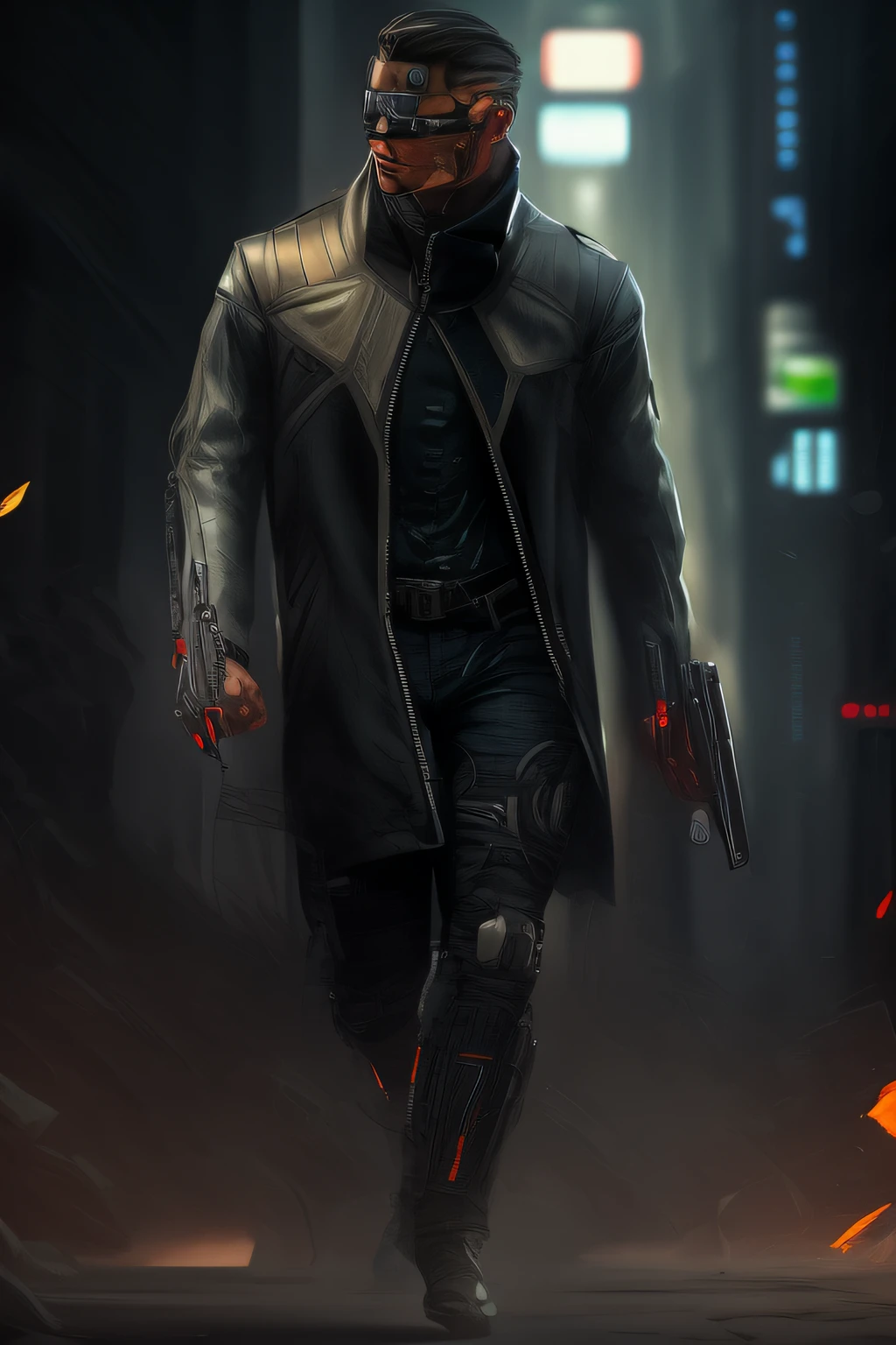 man in a black leather jacket and a gun, cyberpunk character art, cyberpunk costume, cyberpunk character, cyberpunk character design, cyberpunk soldier, scifi epic character art, sci-fi epic character art, sci-fi epic character art, cyberpunk hero, --auto