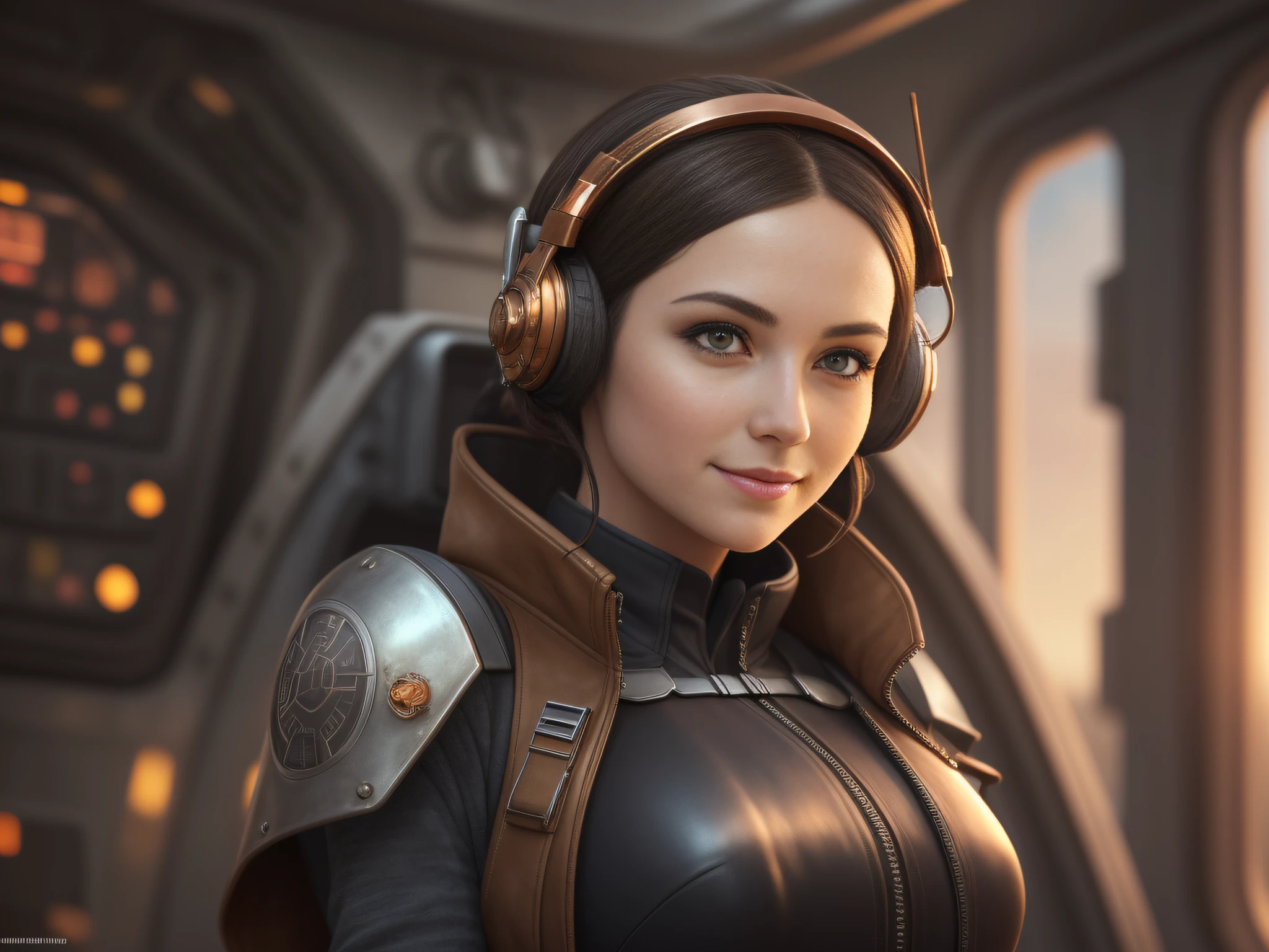 Star wars pod, Stunning steampunk pod pilot girl, looking at camera, facing camera, beautiful smile with closed lips, in ingenious and complex hyper-detailed cockpit, close-up, real and well-worn-looking clothes, leather, lots of metal, copper and bronze, tight space, cinematic lighting, depth-of-field, hyper detailed, best quality, ultra high res, photorealistic, high resolution, detailed, raw photo, golden hour, lens flare, bloom, epic atmosphere, warm light, bokeh, (backlighting:0.75), orange light, (fill light:0.9), chromatic aberration, finely detailed eyes and detailed face, extremely detailed CG unit 8k wallpaper, intricate details, leather vest with gears, techwear, jetpack, workshop in the background,