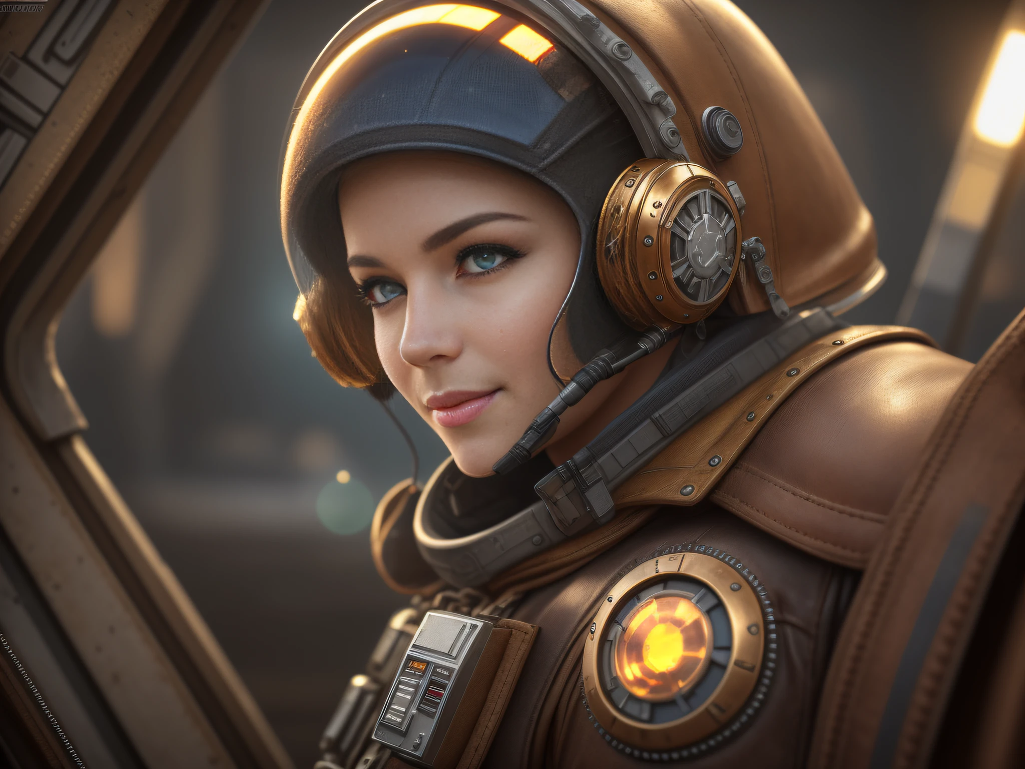 Star wars pod, Stunning steampunk pod pilot girl, looking at camera, facing camera, beautiful smile with closed lips, in ingenious and complex hyper-detailed cockpit, close-up, real and well-worn-looking clothes, leather, lots of metal, copper and bronze, tight space, cinematic lighting, depth-of-field, hyper detailed, best quality, ultra high res, photorealistic, high resolution, detailed, raw photo, golden hour, lens flare, bloom, epic atmosphere, warm light, bokeh, (backlighting:0.75), orange light, (fill light:0.9), chromatic aberration, finely detailed eyes and detailed face, extremely detailed CG unit 8k wallpaper, intricate details, leather vest with gears, techwear, jetpack, workshop in the background,
