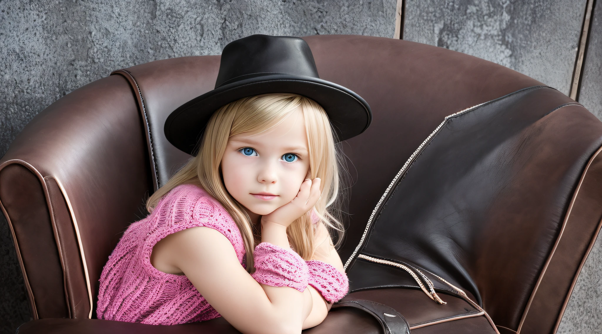 BLONDE CHILD girl,wearing a pink hat and scarf sitting on a black leather chair, photo from a promotional session, promotional photoshoot, young girl, beautiful young model, pink cowboy hat, young ager, photo shoot, photoshoot, inspired by Toros Roslin, red dress and hat, modeling essay, young and beautiful girl, studio portrait photography, photoshoot solo