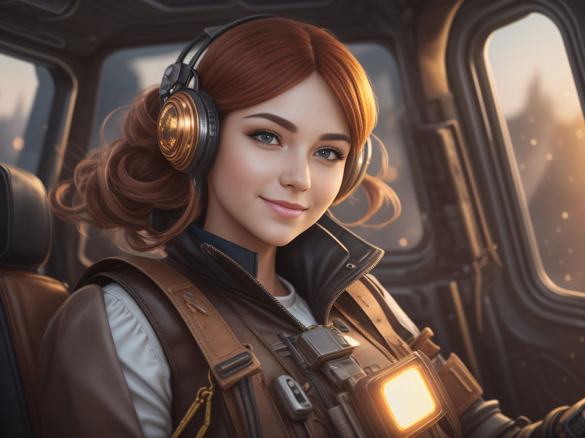 Stunning steampunk pod pilot girl, looking at camera, facing camera, beautiful smile with closed lips, in ingenious and complex hyper-detailed cockpit, close-up, real and well-worn-looking clothes, leather, lots of metal, copper and bronze, tight space, cinematic lighting, depth-of-field, hyper detailed, best quality, ultra high res, photorealistic, high resolution, detailed, raw photo, golden hour, lens flare, bloom, epic atmosphere, warm light, bokeh, (backlighting:0.75), orange light, (fill light:0.9), chromatic aberration, finely detailed eyes and detailed face, extremely detailed CG unit 8k wallpaper, intricate details, leather vest with gears, techwear, jetpack, workshop in the background,