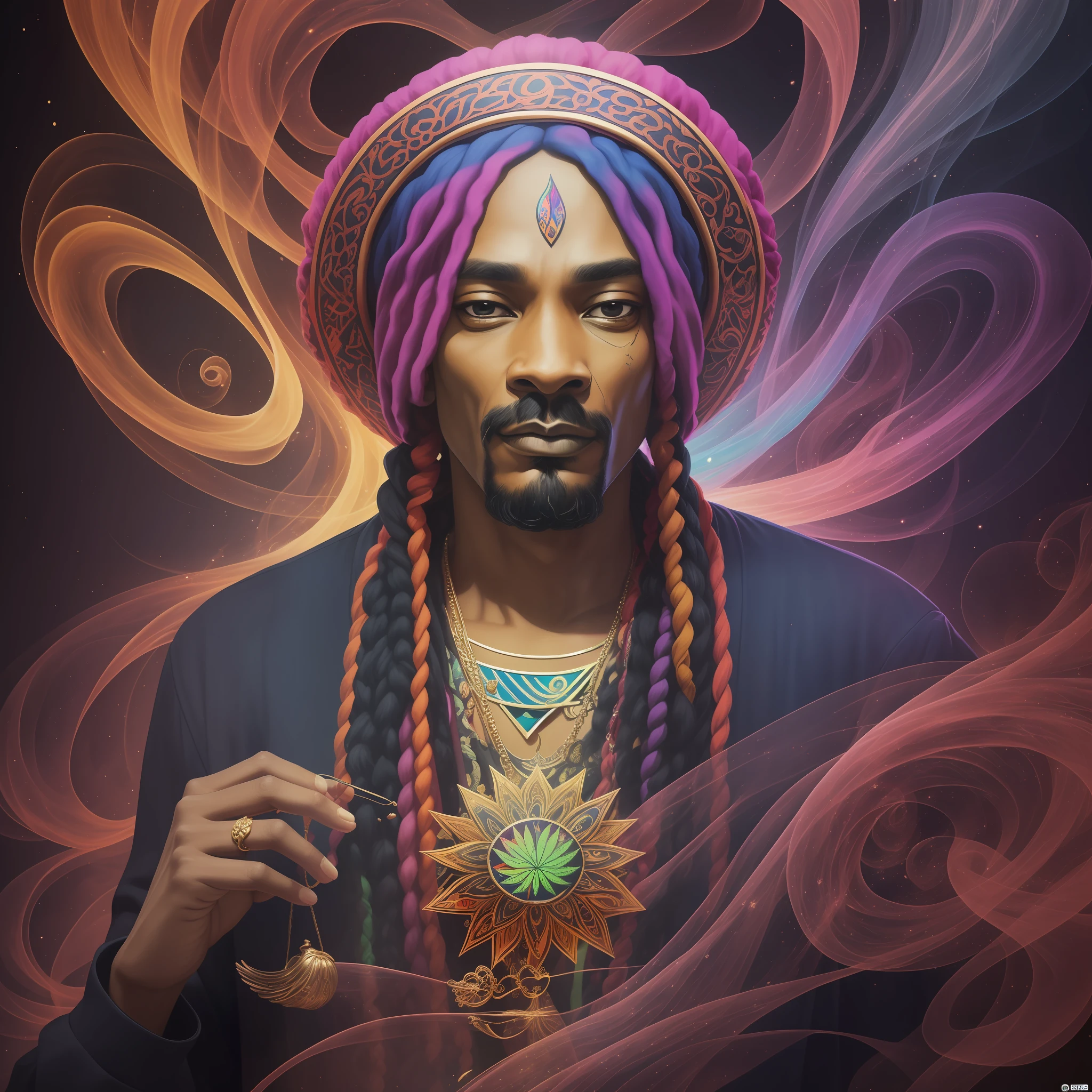 In the depths of the image emerges the iconic Snoop Dog, immersed in a haze of smoke as he indulges in the finest herbs. His presence defies convention, emanating an aura that captivates and intrigues. Adorned with an extraordinary and vibrant ensemble, Snoop Dog's attire embodies a fusion of artistic expression and cultural significance. As the eye explores the scene, intricate patterns and vibrant colors intertwine, creating a mesmerizing backdrop of artistic weeds. Each stroke of detail breathes life into the image, transcending boundaries and transporting viewers into a realm where creativity knows no limits. The swirling smoke and vibrant hues blend harmoniously, giving birth to a captivating and immersive experience. Prepare to be captivated by the lifelike representation of Snoop Dog, as he stands in all his glory, exuding an energy that pulses through the image itself. The interplay of incredible colors and meticulous attention to detail bring this hyper-realistic portrayal to life, inviting you to embrace the world of artistic expression and celebrate the unique presence of Snoop Dog. Step into a realm where creativity and individuality reign supreme, as Snoop Dog's legendary persona merges with the incredible artistic weeds that surround him. Lose yourself in the vibrant atmosphere, where art and cannabis converge, and witness the undeniable allure of this extraordinary scene.hyper realistic.32k --auto --s2