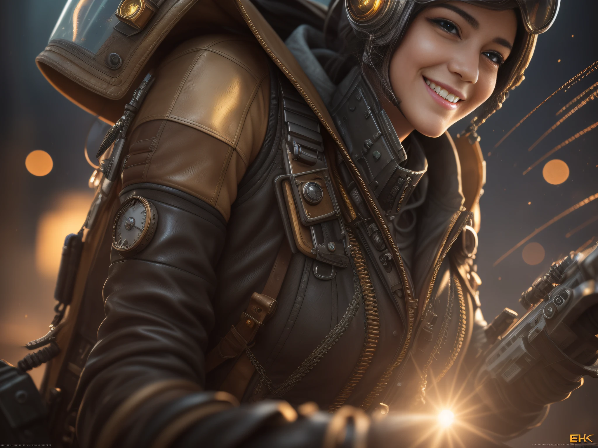Stunning steampunk pod pilot girl, looking at camera, facing camera, beautiful smile with closed lips, in ingenious and complex hyper-detailed cockpit, close-up, real and well-worn-looking clothes, leather, lots of metal, copper and bronze, tight space, cinematic lighting, depth-of-field, hyper detailed, best quality, ultra high res, photorealistic, high resolution, detailed, raw photo, golden hour, lens flare, bloom, epic atmosphere, warm light, bokeh, (backlighting:0.75), (fill light:0.9), chromatic aberration, finely detailed eyes and detailed face, extremely detailed CG unit 8k wallpaper, intricate details, leather vest with gears, techwear, jetpack, workshop in the background,
