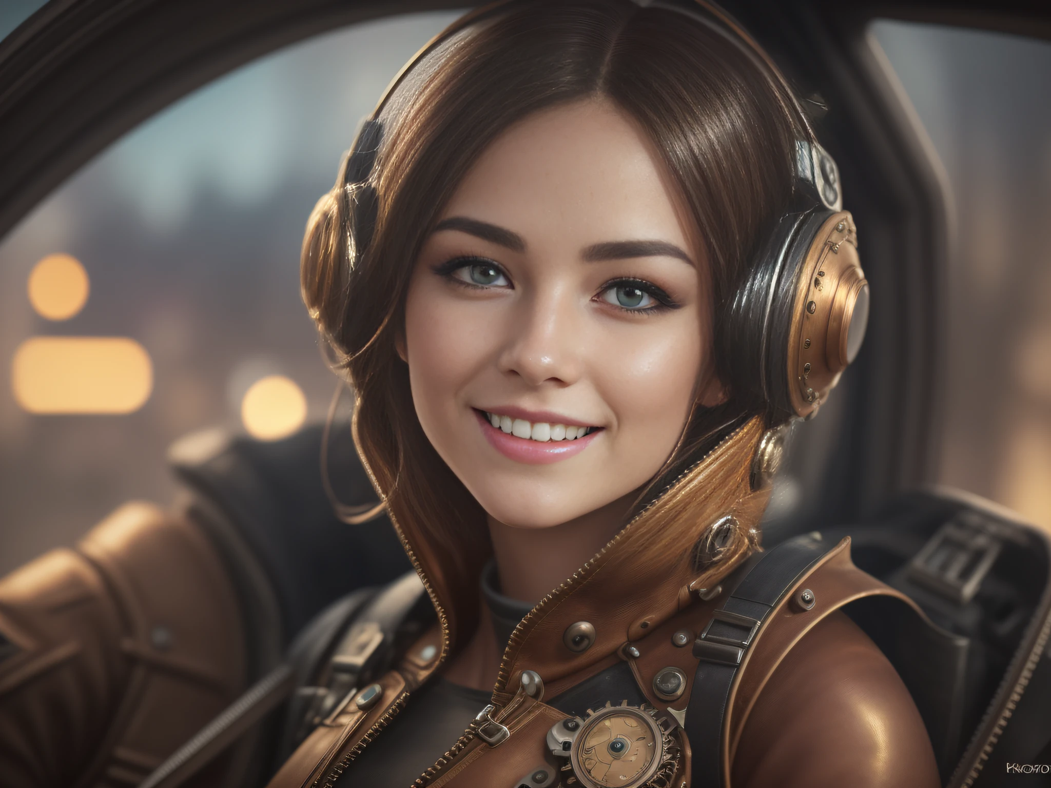 Stunning steampunk pod pilot girl, looking at camera, facing camera, beautiful smile with closed lips, in ingenious and complex hyper-detailed cockpit, close-up, real and well-worn-looking clothes, leather, lots of metal, copper and bronze, tight space, cinematic lighting, depth-of-field, hyper detailed, best quality, ultra high res, photorealistic, high resolution, detailed, raw photo, golden hour, lens flare, bloom, epic atmosphere, warm light, bokeh, (backlighting:0.75), (fill light:0.9), chromatic aberration, finely detailed eyes and detailed face, extremely detailed CG unit 8k wallpaper, intricate details, leather vest with gears, techwear, jetpack, workshop in the background,