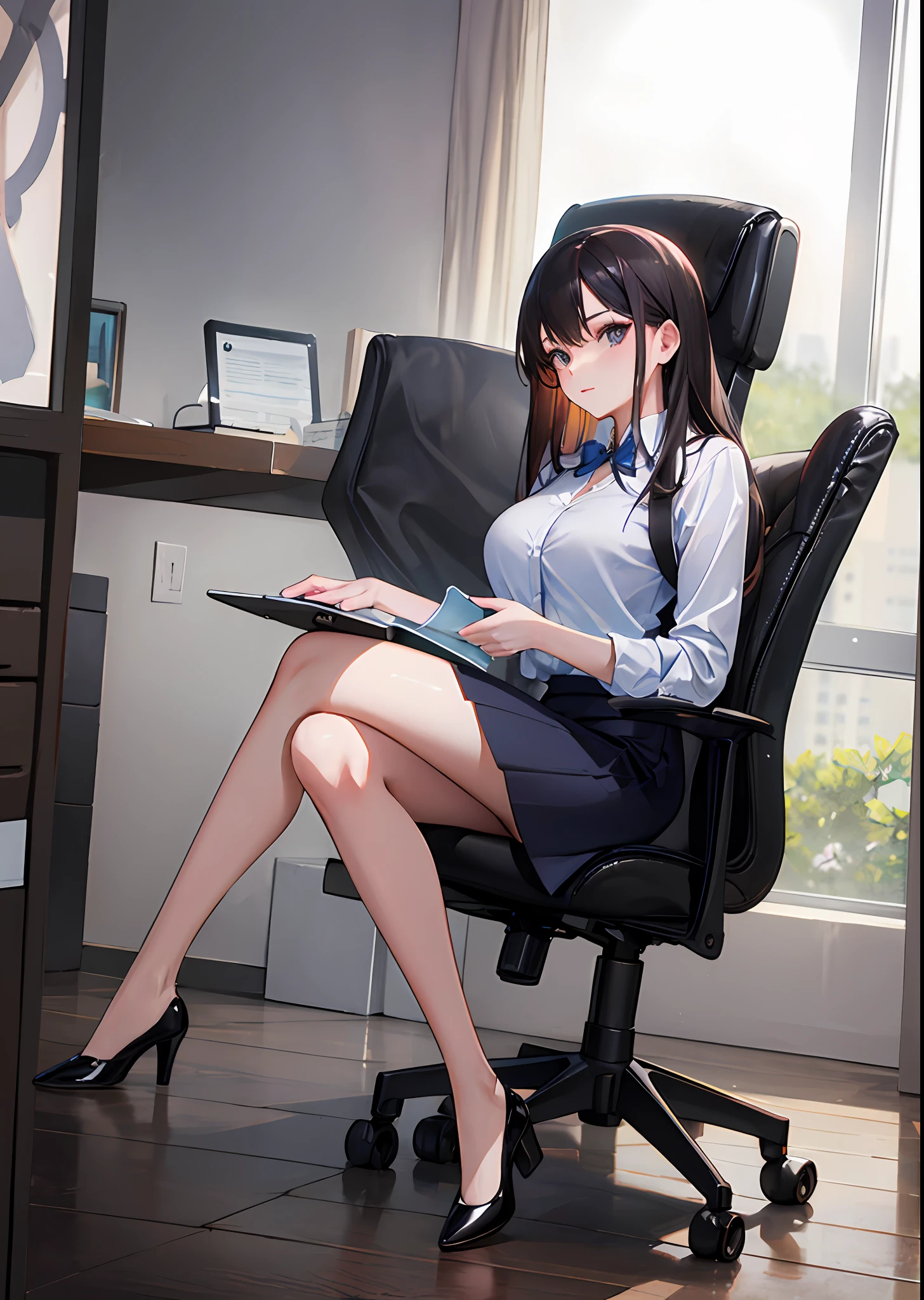 "Professional full body portrait of an elegant secretary in a modern office setting, radiating confidence and poise."