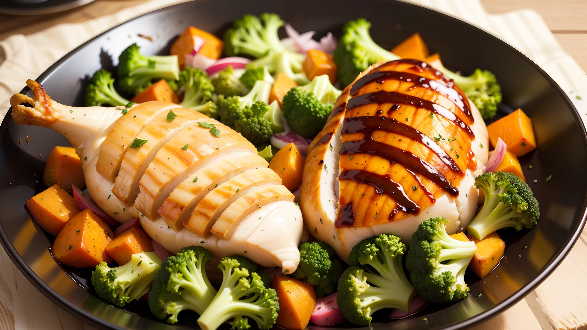Roasted Chicken with Sweet Potatoes and Broccoli Accompany with a realistic green salad or additional vegetables