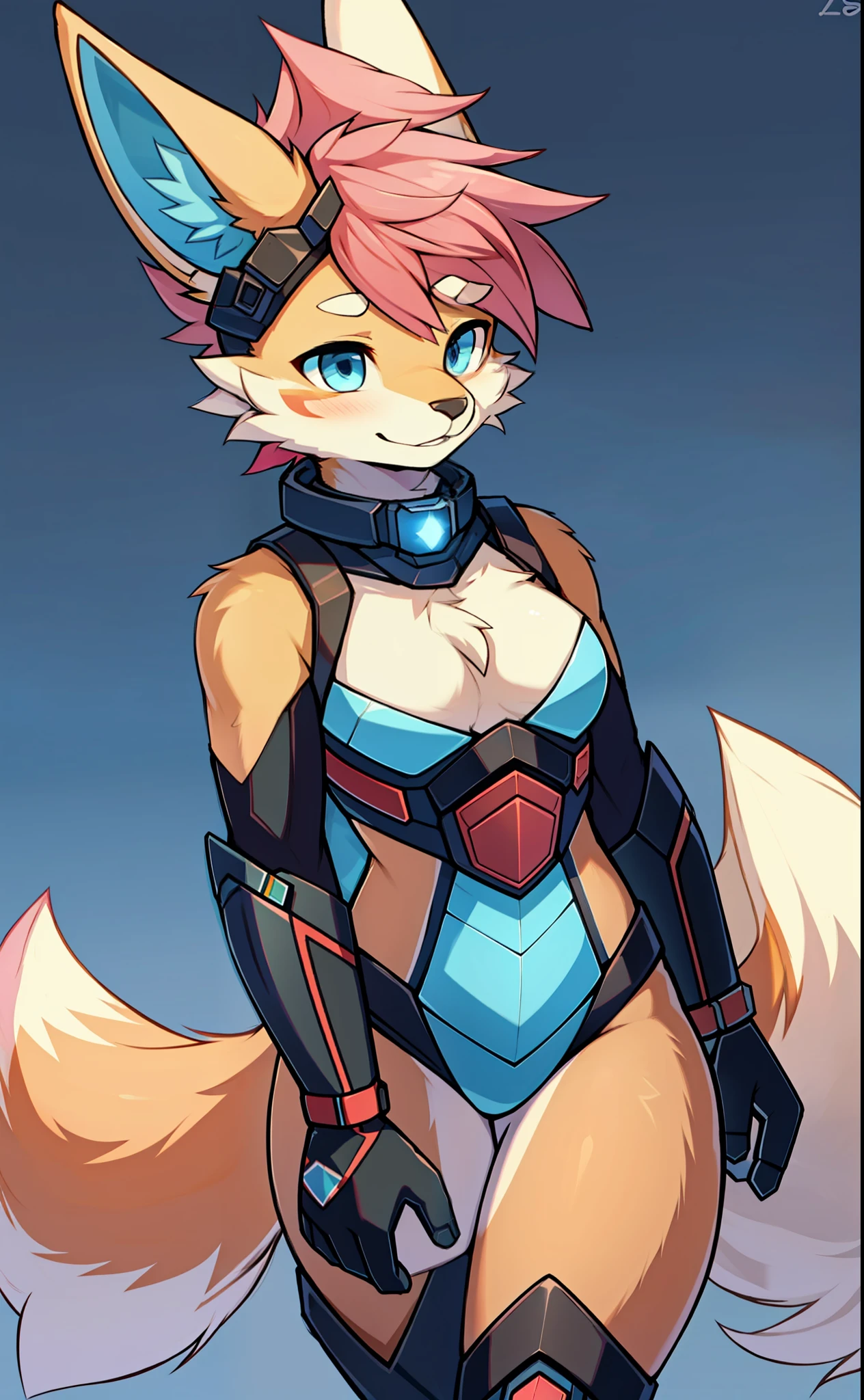 Dead Space, Dead Space RIG, Dead Space Engineers Armor, red and black armor colors, Dead Space Plasma Cutter, bunny fox hybrid, short, small breasts, girl, bunny ears, bunny tail, blue eyes, long beautiful soft pink hair with soft blue highlights in hair, soft brown fur body, fluffy, furry,  beautiful, adorable, solo, 1girl, high-tech collar, high-tech armor, high-tech weapon,