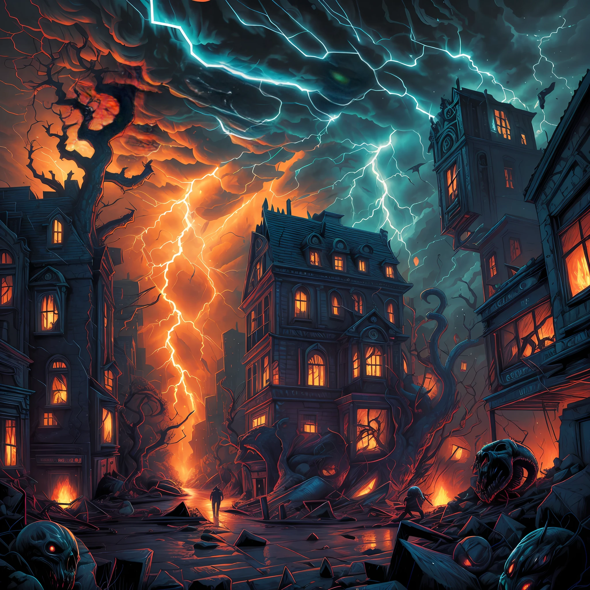 cataclysmic storming made with horror creatures, devastating a city. Horror art, unreal engine, UHD, sketch color drawing. Illustration by Dan Seagrave