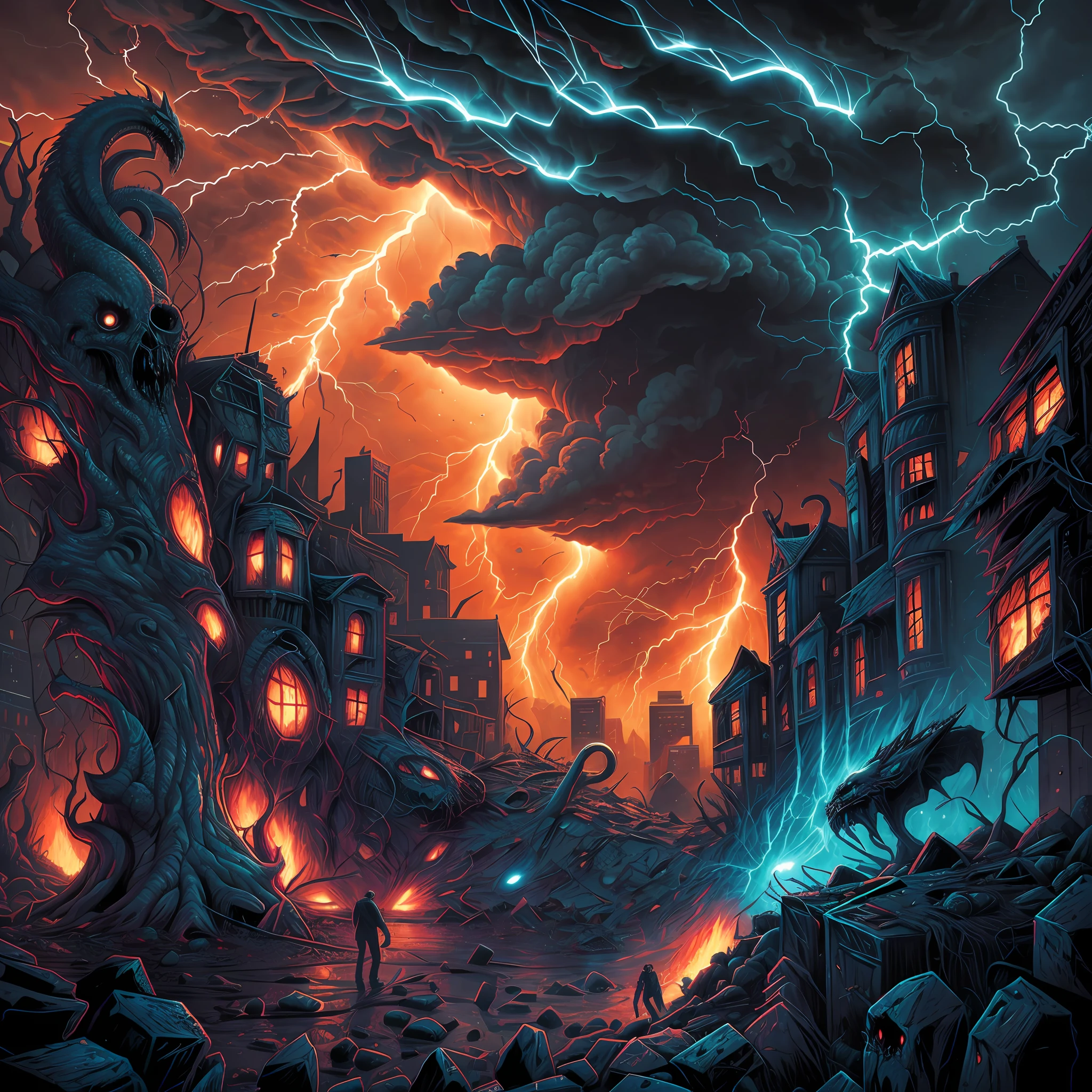 cataclysmic storming made with horror creatures, devastating a city. Horror art, unreal engine, UHD, sketch color drawing. Illustration by Dan Seagrave