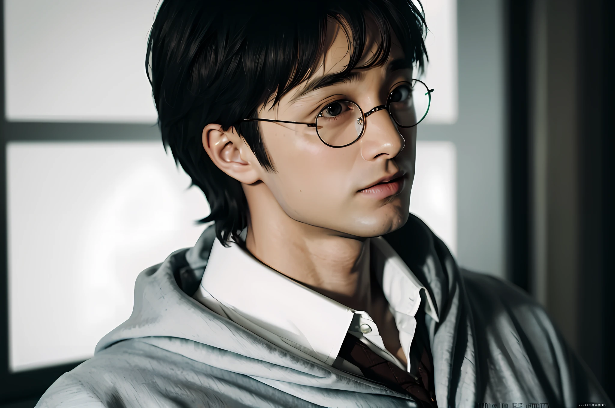 there is a man with glasses and a tie standing in front of a window, harry potter portrait, portrait of harry potter, style of hajime isayama, shinichi sakamoto, portrait of eren yeager, naoya tanaka, hajime isayama, japanese live-action movie, kousuke oono, haruhiko mikimoto
