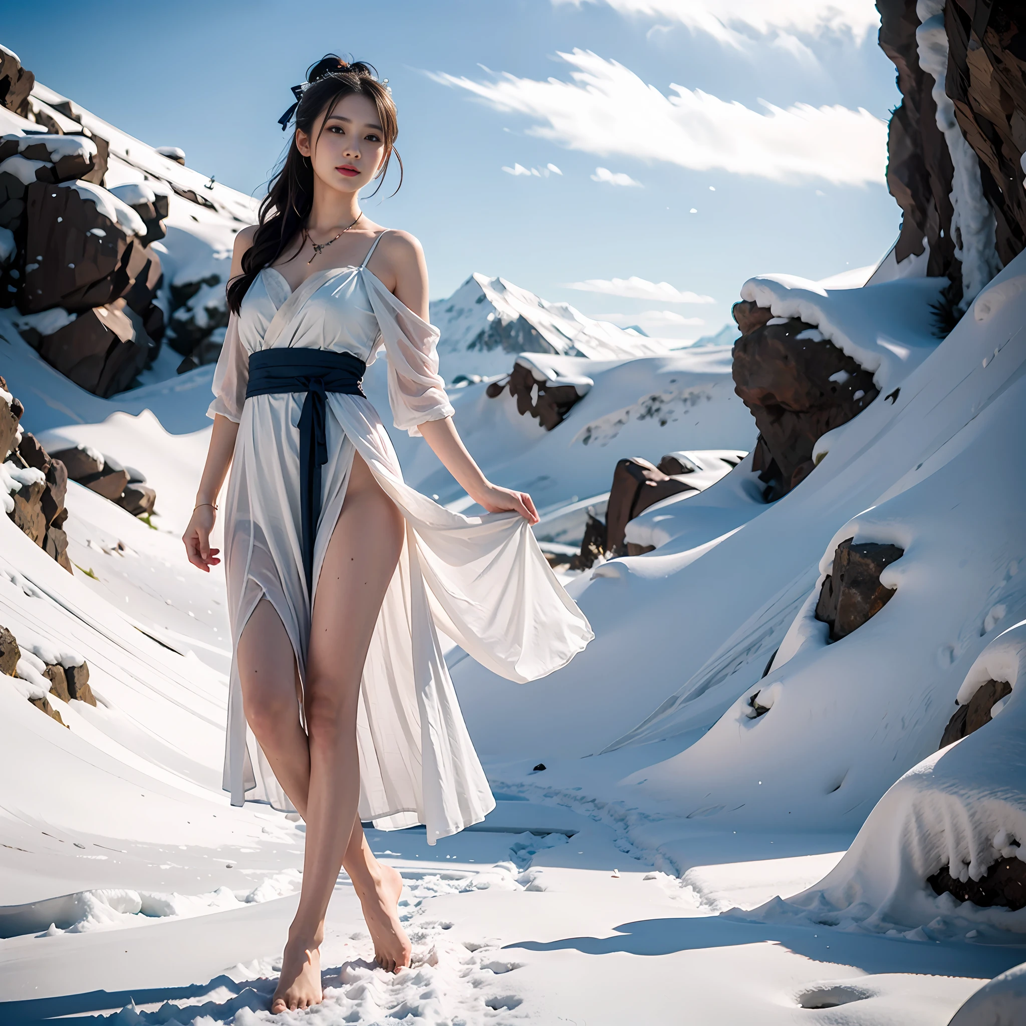Vast landscape photo, above is the sky in the middle is the snow mountain below, a girl standing on the snow looking up, exquisite background, winter, snow mountain, BREAK making art, (cold light source: 1.2), intricate details, volumetric lighting BREAK (Masterpiece: 1.2), (Best Quality), 4k, Ultra Detailed, (Dynamic Composition: 1.4), Rich Detail, (Solo: 1.2), Blush, Extra Lots of Details, Delicate Hair, Messy Hair, Smile, Hanfu, Slip Dress, Perfect Hand, Right Hand, Sapphire Pendant, Blue Pupil, Ice Mage, Snowscape, Snow, Snowflake, Glacier, Arctic, Blue Crystal, Lots of Blue White, Dreamy, Mythical, Perfect Cloud, Legs Exposed, Bare Feet, Thighs Exposed,