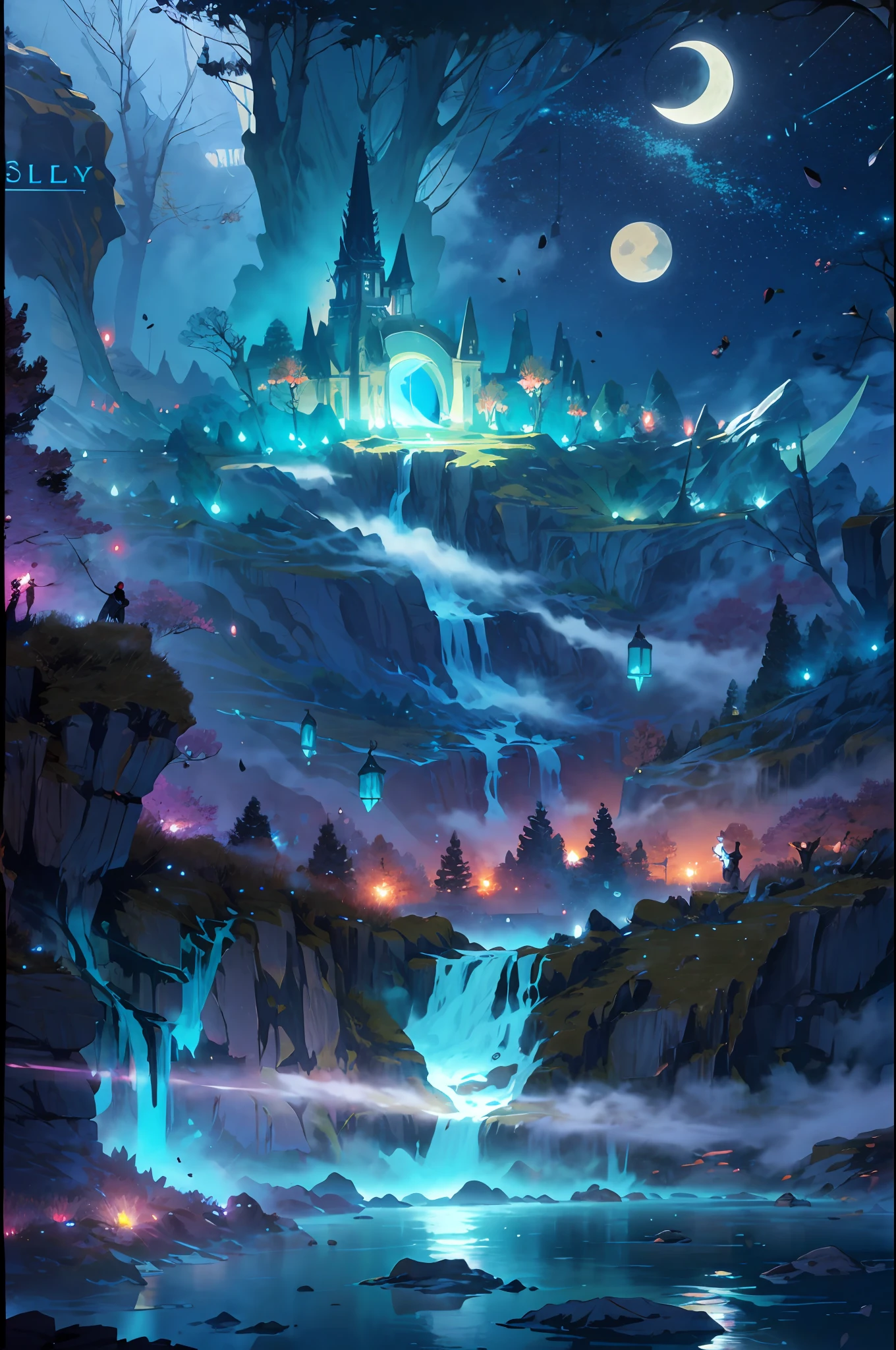 (masterpiece,best quality,highres,ultra_detailed:1.2),
(detailed_background),landscape,((night,moon,starry sky,milky_way:1.5)),dark,((flowers:1.6)),
fantasy, light_particles,ruins:0.5, pond|river, stone forest|stone pillars, waterfall, cliff, sakura,floating,Style-Petal:0.5,mist:0.4,magic,