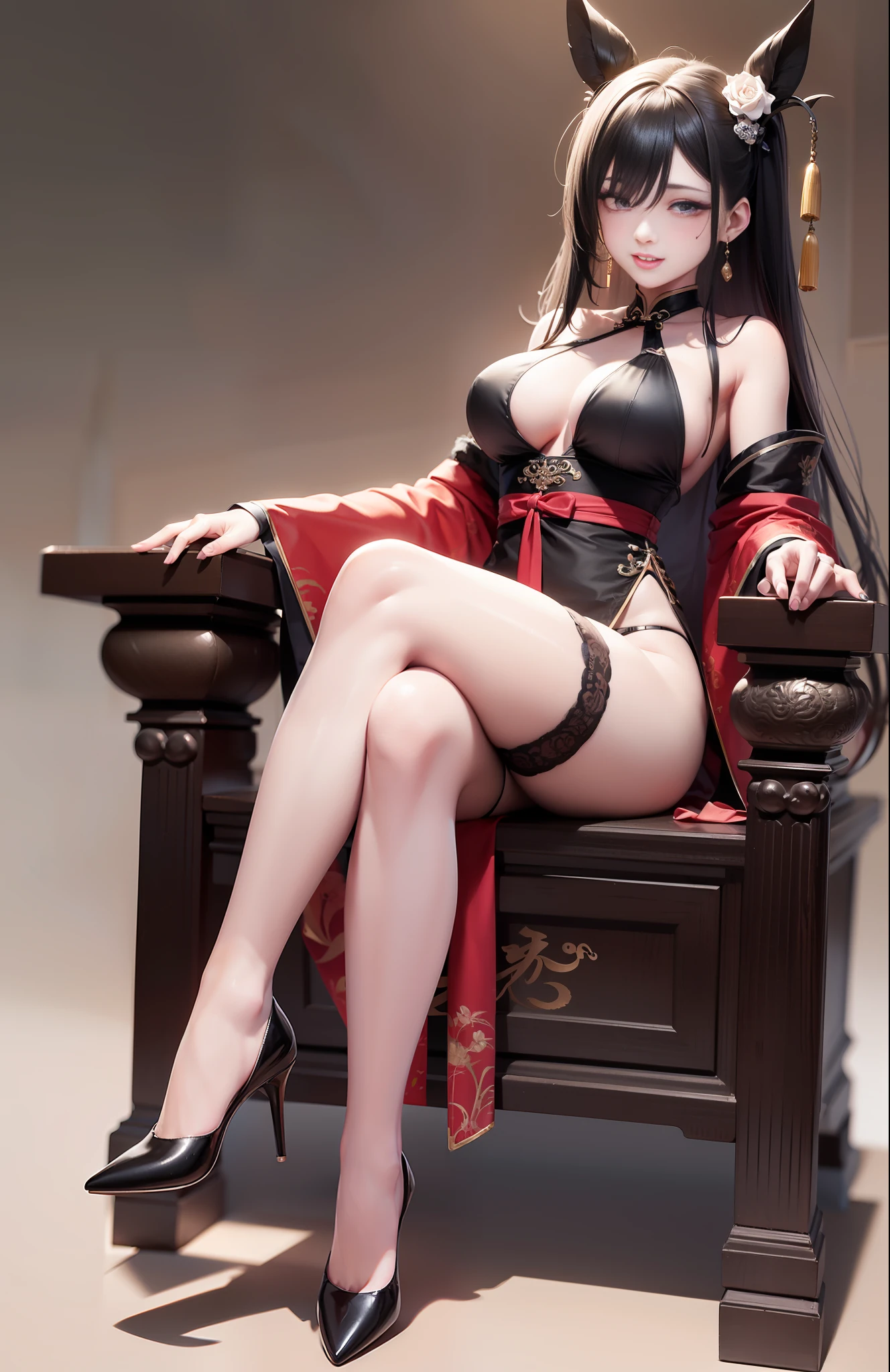 Sexy seductive lady, 30 years old, peach blossom eyes, smoky makeup, silk high-forked hanfu, stiletto heels, (bare legs), provocative expression, sitting on a throne, striped hair, black hair, moles under the eyes, makeup, anime style, seductive smile, kinky smile, chinese court, chinese feeling, lantern, chinese knot, uhq, masterpiece, , 8k, best quality, ccurate, anatomically correct, highly detailed characters, stiletto heels, bare legs, rounded smooth bare legs, (8k, original photo, best quality, Masterpiece,,:1.2),((character)concept art),Full body concept,fine details,Screen center,