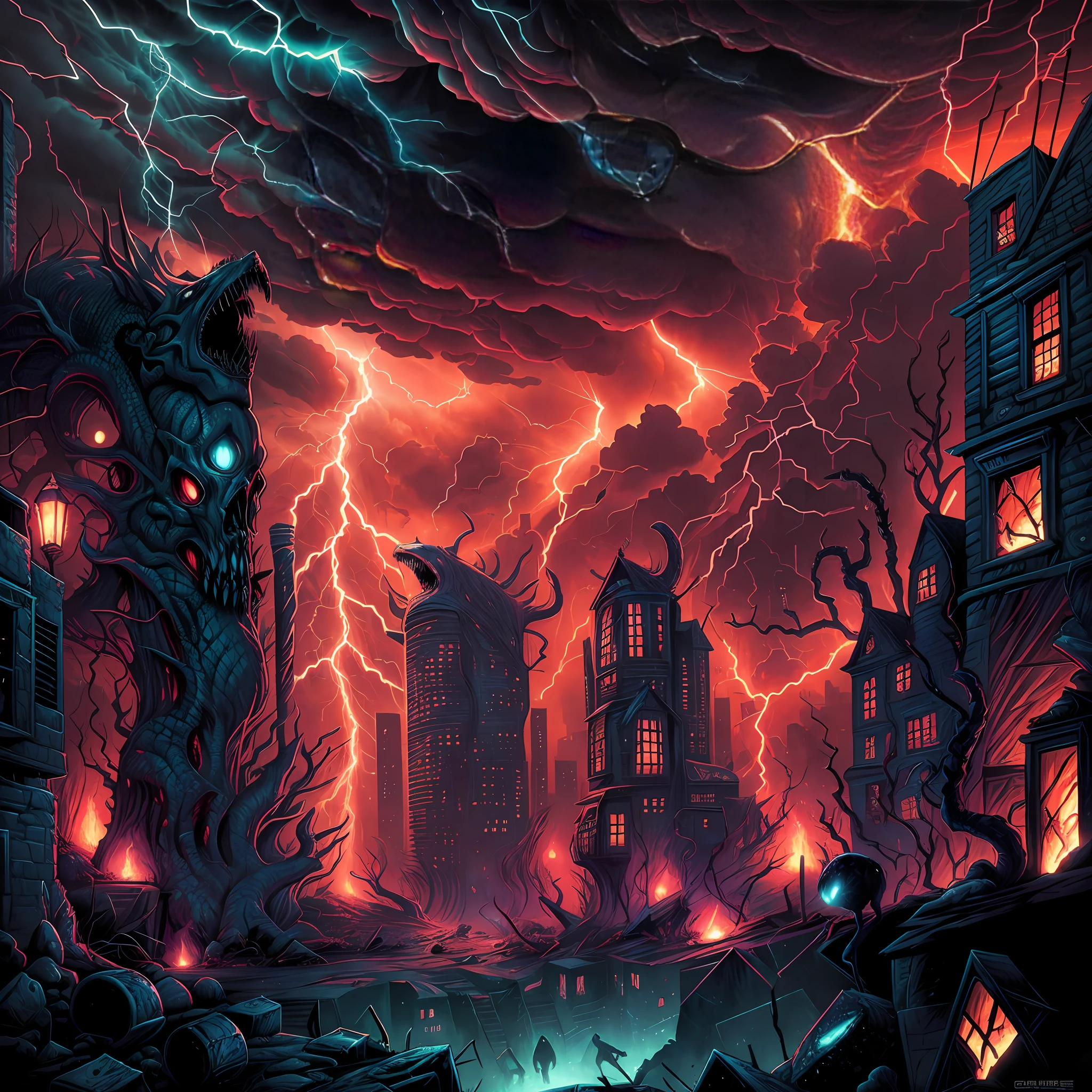 cataclysmic storming made with horror creatures, devastating a city. Horror art, unreal engine, UHD, sketch color drawing. Illustration by Dan Seagrave