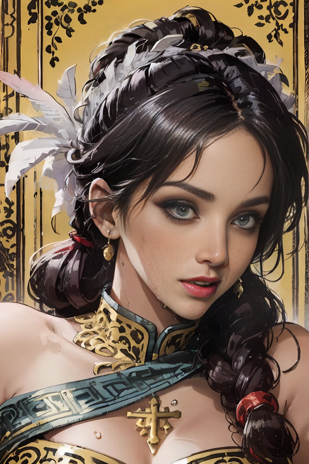 masterpiece: 1.2, best quality), realistic, (real image, intricate details, depth of field), (1girl, solo), makeup, lips parted, highly detailed, perfect face, (huge breasts: 1.4), (skindentation), thick thighs, wide hips, thin waist, high, glossy coral lips, black hair, blue eyes, big ponytail, (A girl, blue Greek toga, feather headdress), (sweat: 1,2), (wet), sexy, blushing, tanned skin,