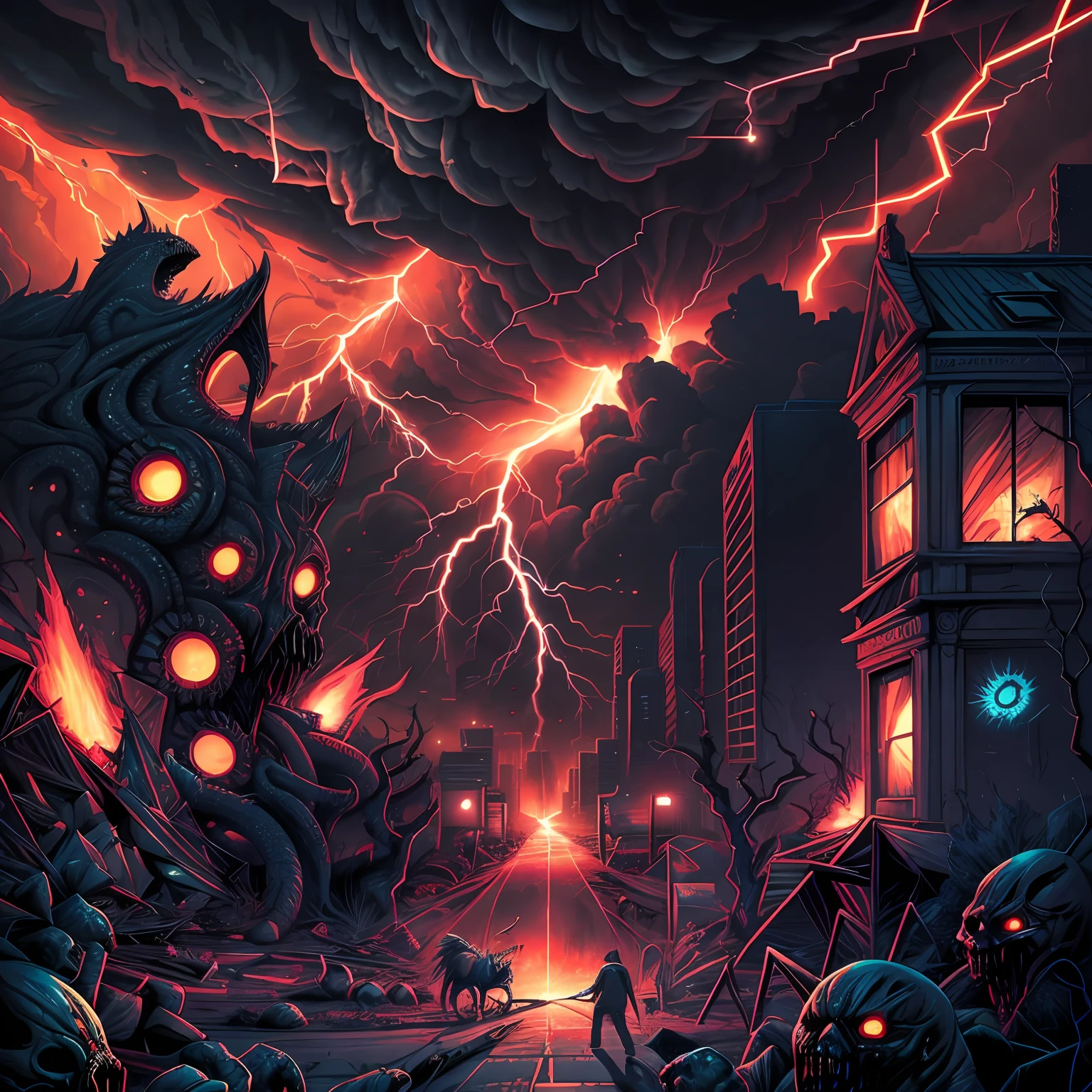 cataclysmic storming made with horror creatures, devastating a city. Horror art, unreal engine, UHD, sketch color drawing. Illustration by Dan Seagrave