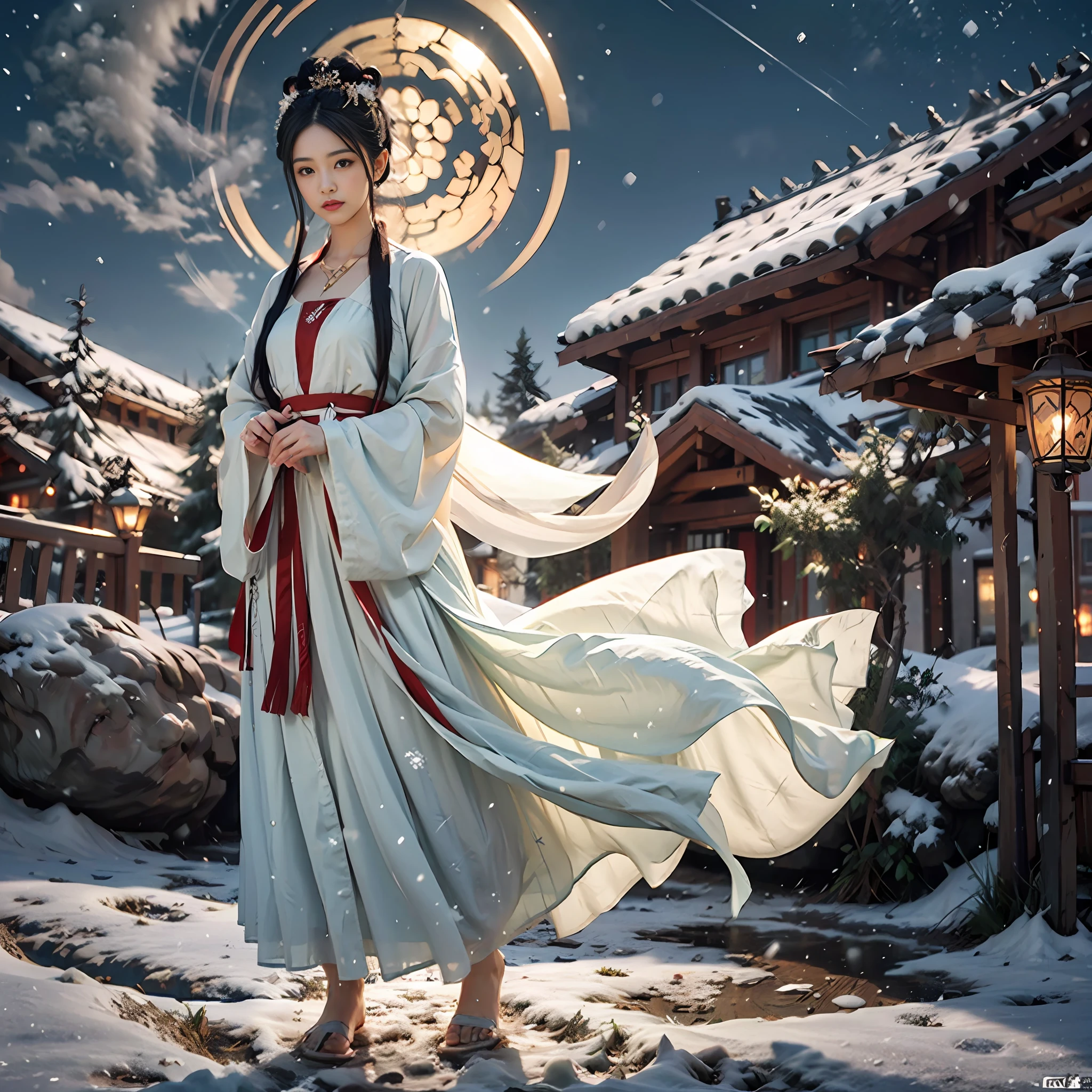 Vast landscape photo, above is the sky in the middle is the snow mountain below, a girl standing on the snow looking up, exquisite background, winter, snow mountain, BREAK making art, (cold light source: 1.2), intricate details, volumetric lighting BREAK (Masterpiece: 1.2), (Best Quality), 4k, Ultra Detailed, (Dynamic Composition: 1.4), Rich Detail, (Solo: 1.2), Blush, Extra Lots of Details, Delicate Hair, Messy Hair, Smile, Hanfu, Slip Dress, Perfect Hand, Right Hand, Sapphire Pendant, Blue Pupil, Ice Mage, Snowscape, Snow, Snowflake, Glacier, Arctic, Blue Crystal, Lots of Blue White, Dreamy, Mythical, Perfect Cloud, Legs Exposed, Bare Feet, Thighs Exposed,