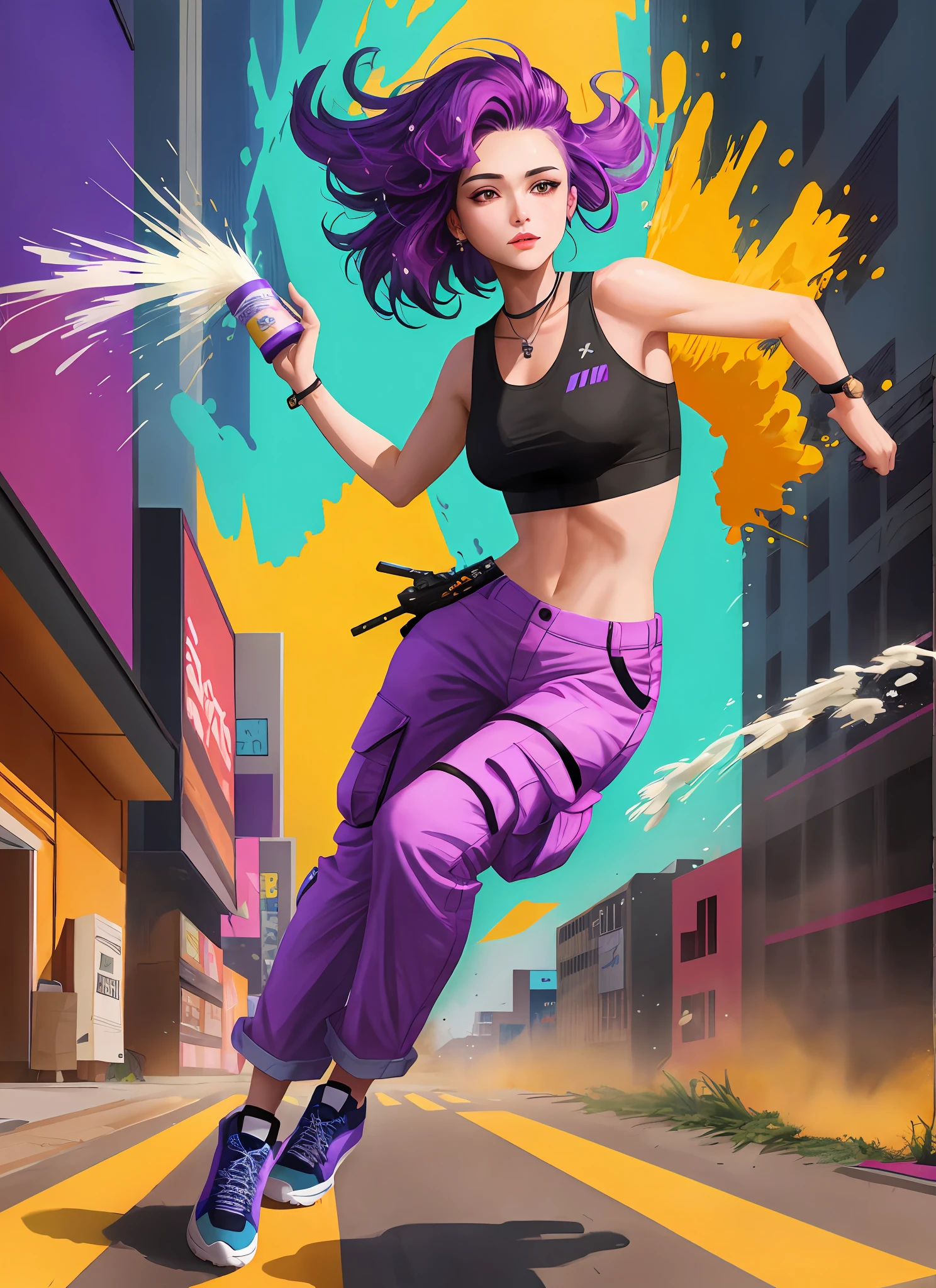 Swpunk style synthwave award-winning full-body portrait of a woman in a croptop and cargo pants with purple ombre hairstyle with moving head and flying hair, paint splashes, splatter, outrun, vaporware, shaded flat illustration, digital art, trend on artstation, highly detailed, fine detail, intricate