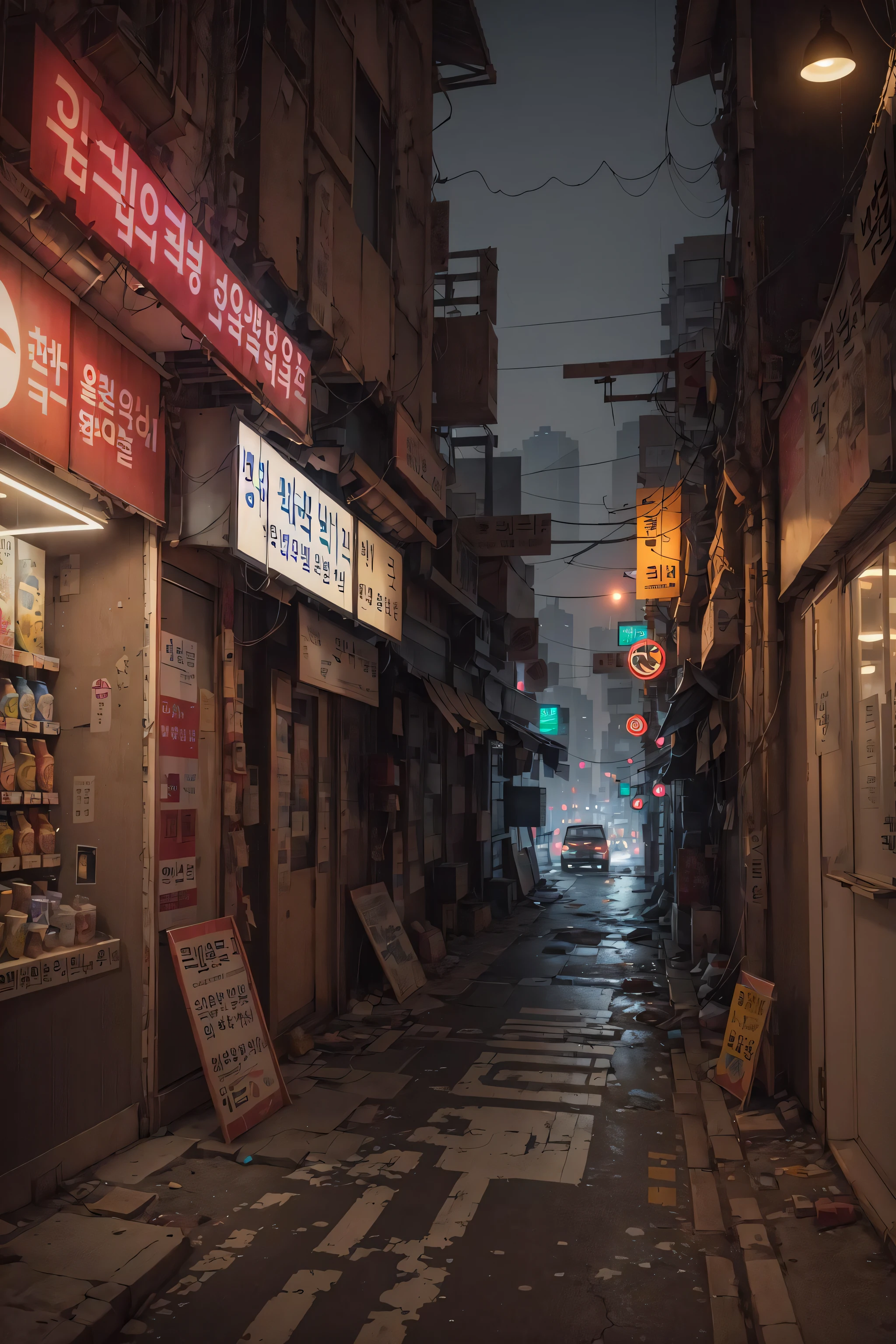 lonely ally in Seoul, cyberpunk city from sci-fi movie, empty street, night, Korean, Korean signs, old shops, cozy, circuit boards, wires, intricate, hyper-detailed, realistic, ultra-realistic, high quality, best, ultra detail, crazy detail, extremely detailed, photo realism, 8k